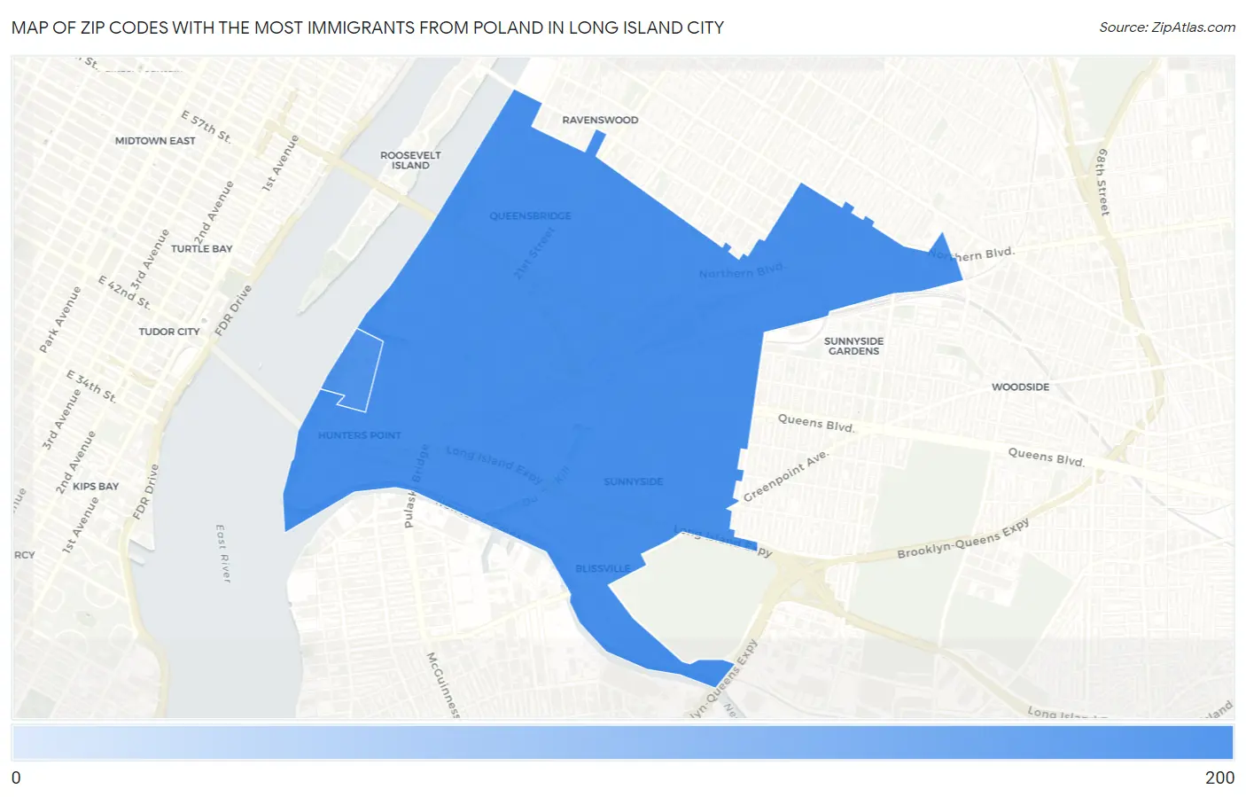 Zip Codes with the Most Immigrants from Poland in Long Island City Map