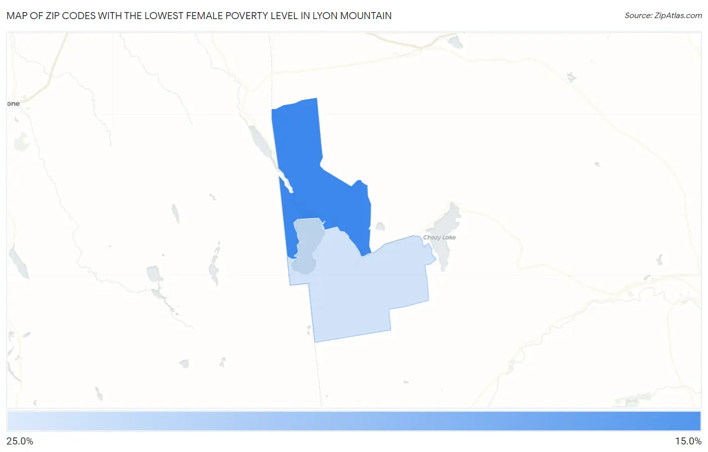 Zip Codes with the Lowest Female Poverty Level in Lyon Mountain Map