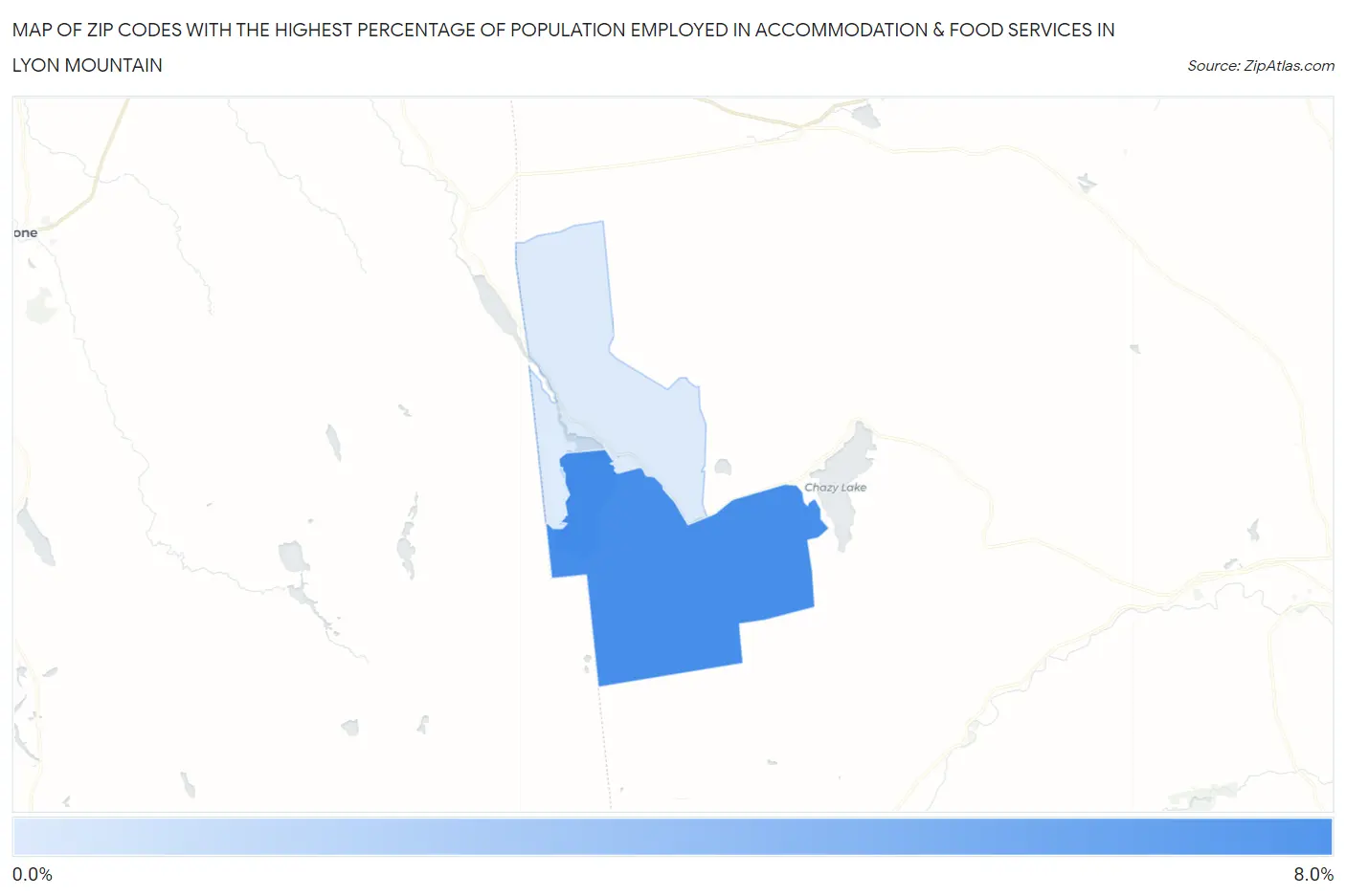 Zip Codes with the Highest Percentage of Population Employed in Accommodation & Food Services in Lyon Mountain Map