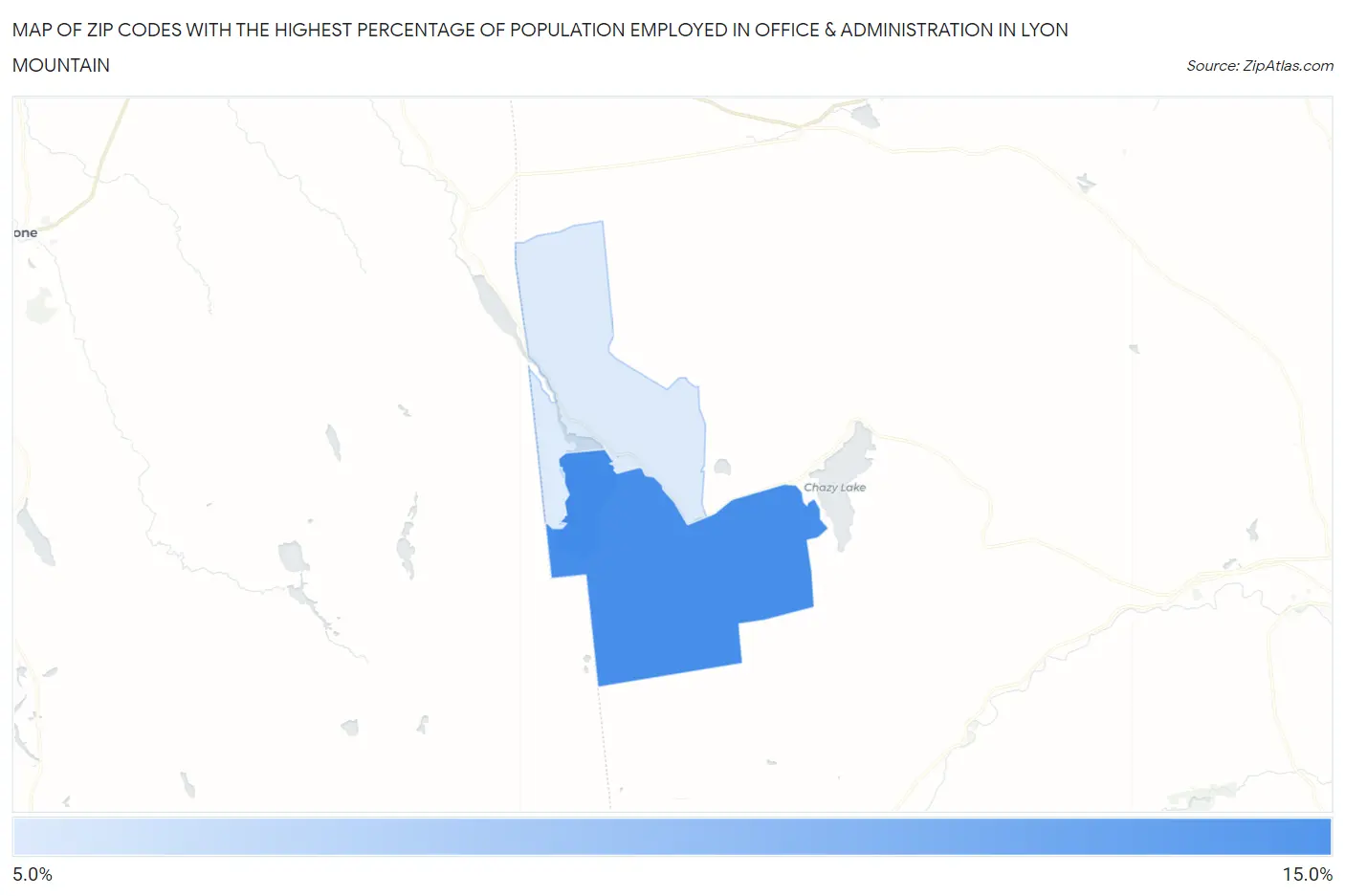 Zip Codes with the Highest Percentage of Population Employed in Office & Administration in Lyon Mountain Map