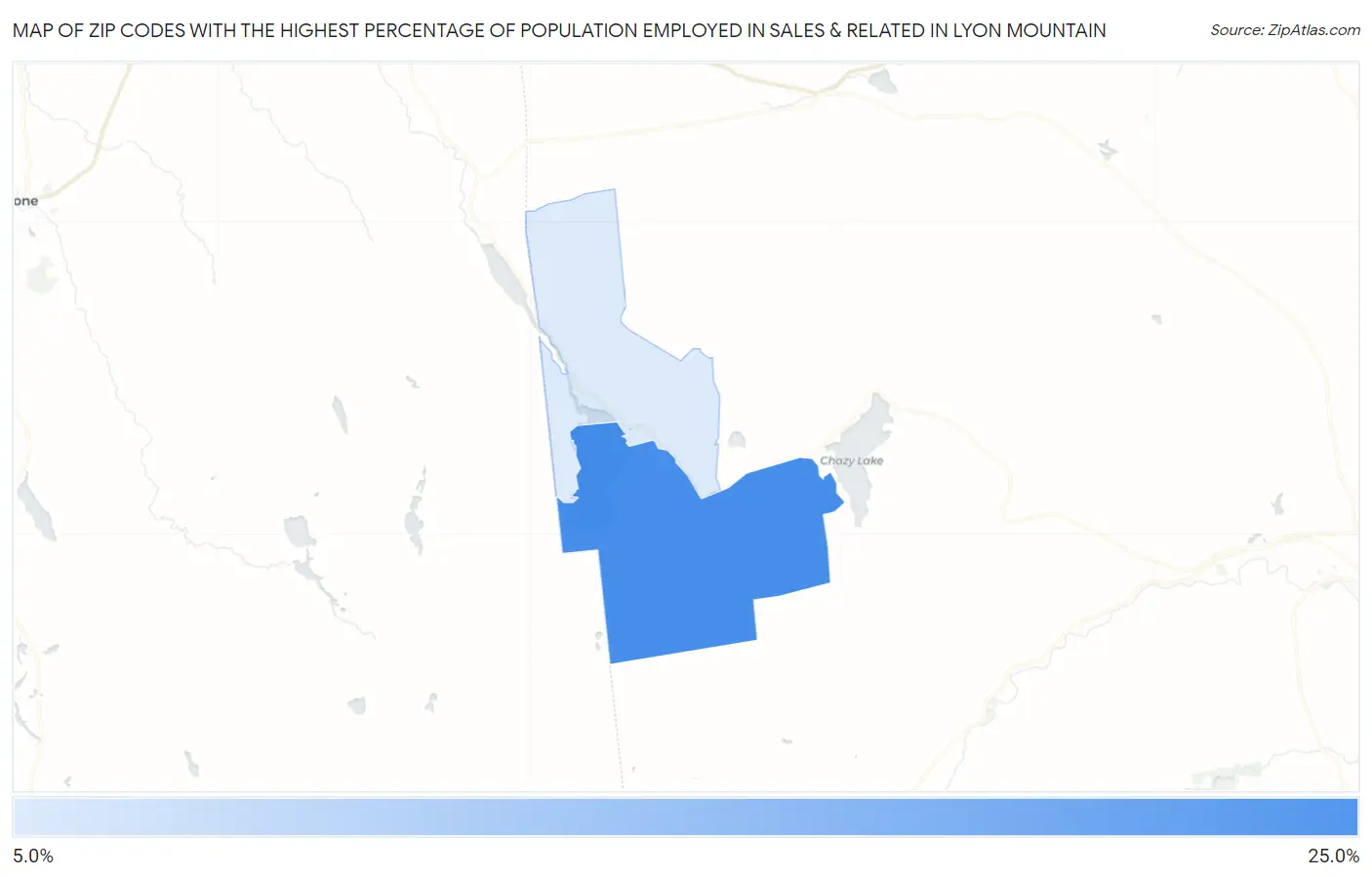 Zip Codes with the Highest Percentage of Population Employed in Sales & Related in Lyon Mountain Map