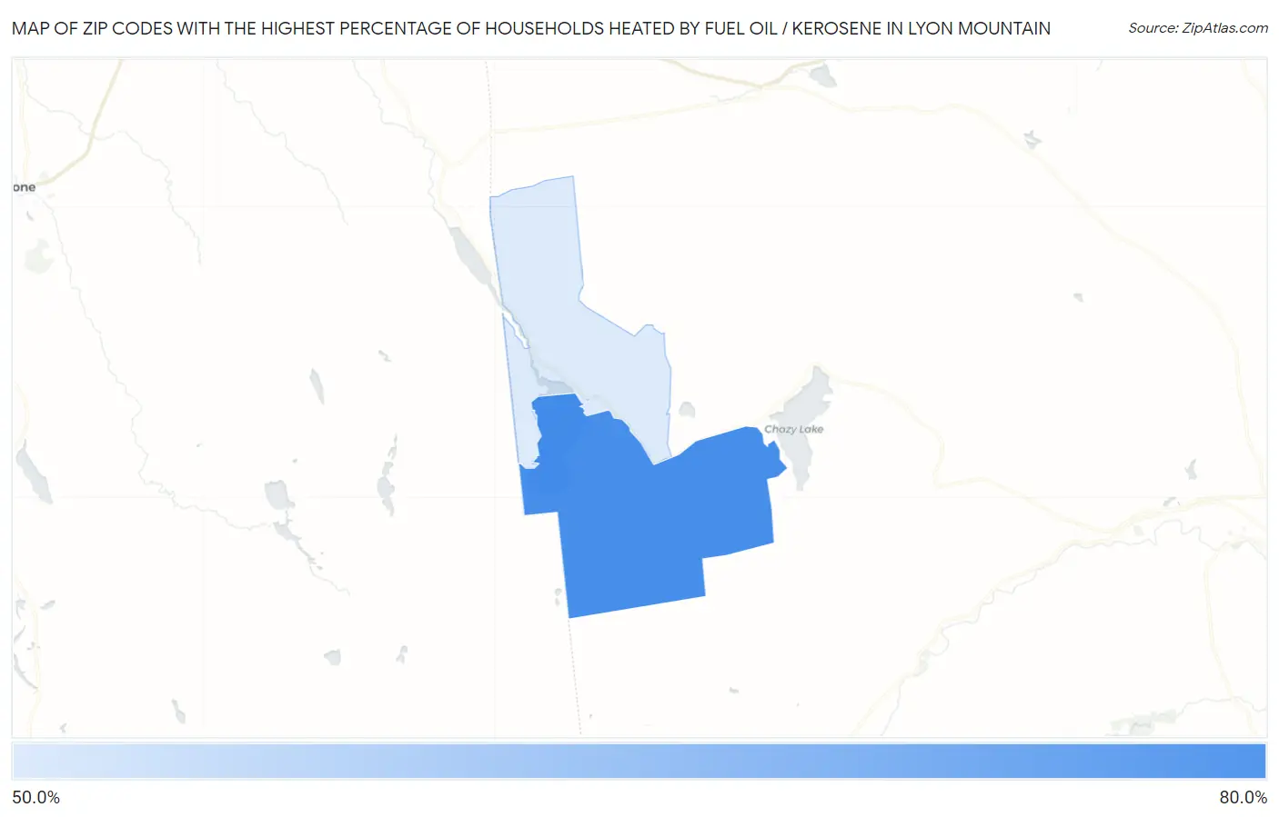 Zip Codes with the Highest Percentage of Households Heated by Fuel Oil / Kerosene in Lyon Mountain Map