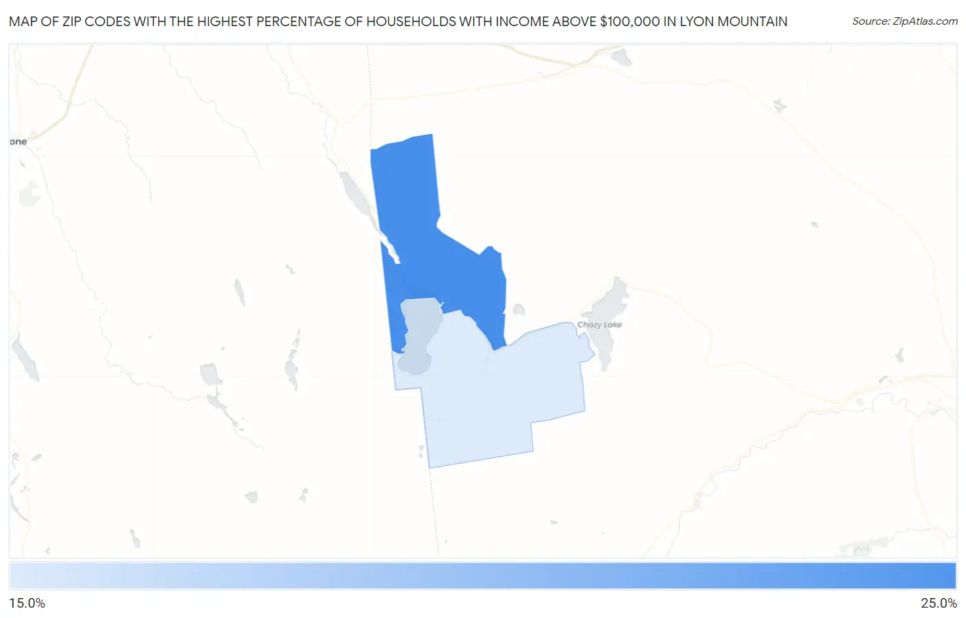 Zip Codes with the Highest Percentage of Households with Income Above $100,000 in Lyon Mountain Map