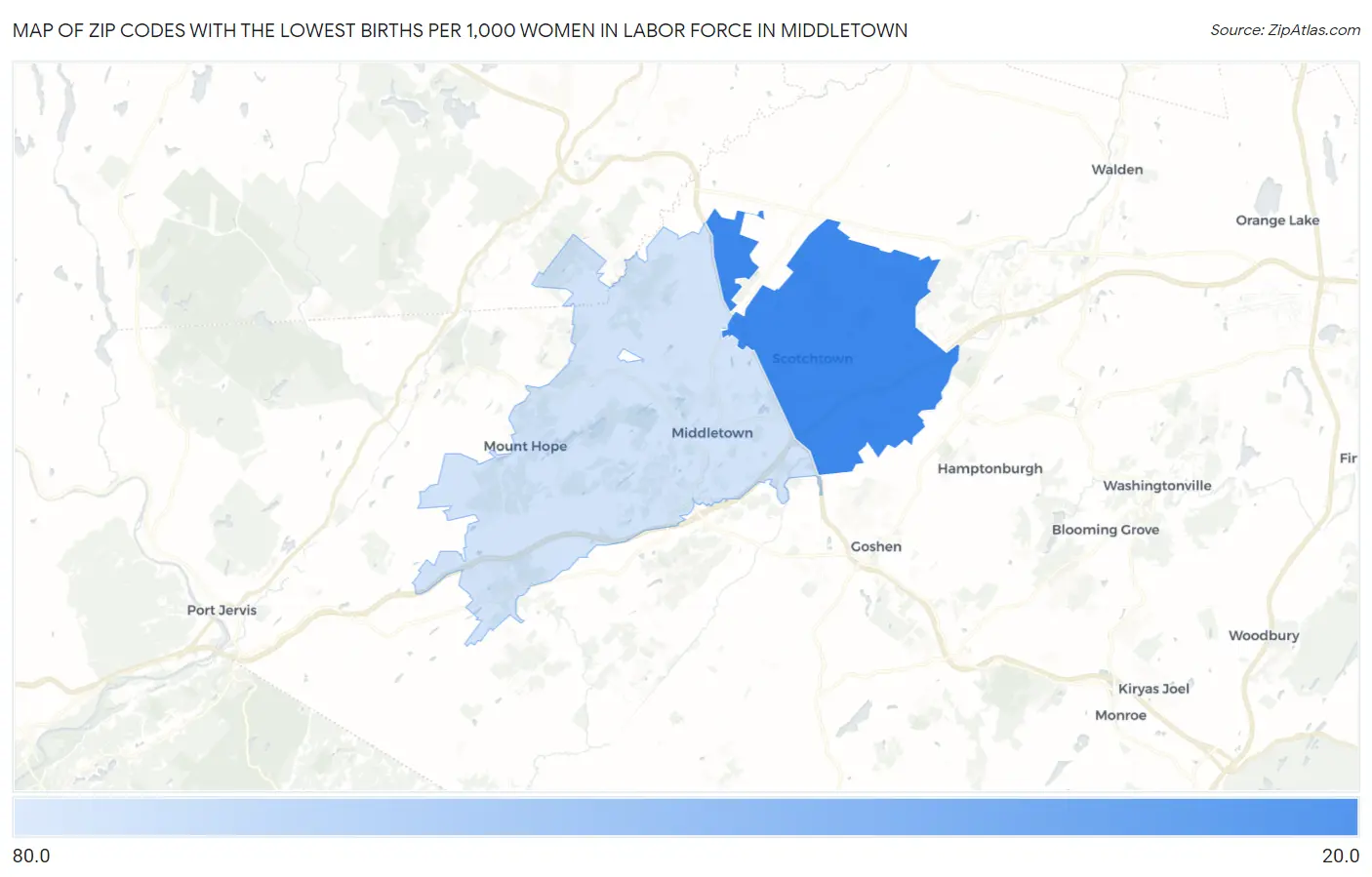 Zip Codes with the Lowest Births per 1,000 Women in Labor Force in Middletown Map