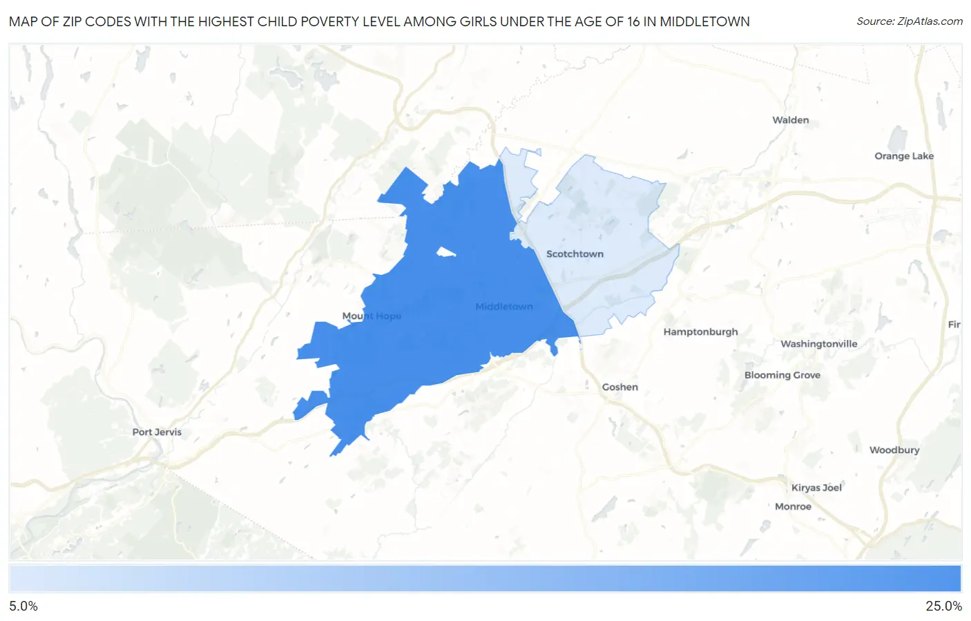 Zip Codes with the Highest Child Poverty Level Among Girls Under the Age of 16 in Middletown Map