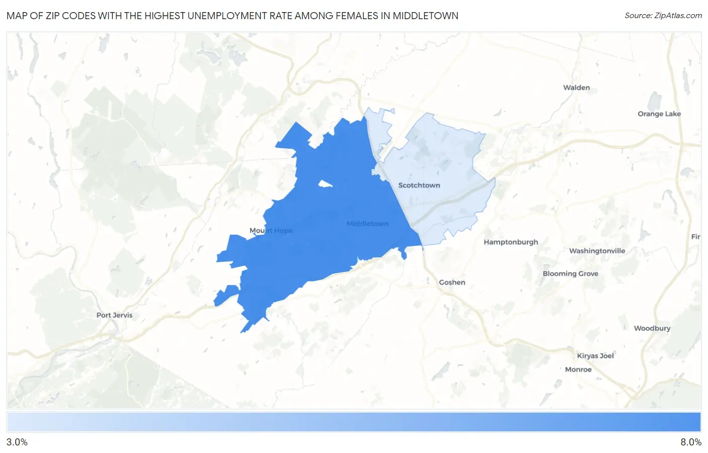 Zip Codes with the Highest Unemployment Rate Among Females in Middletown Map