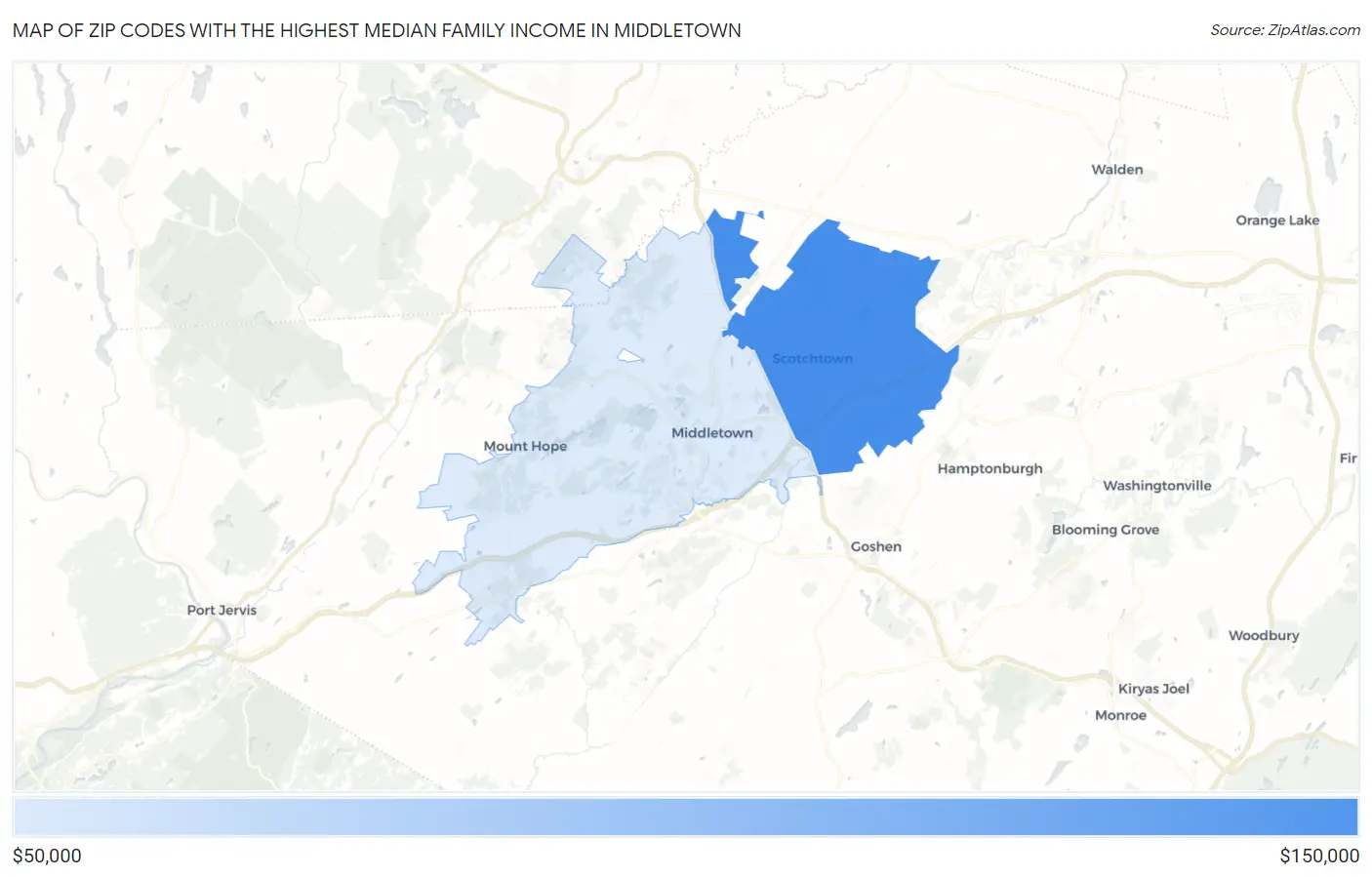 Zip Codes with the Highest Median Family Income in Middletown Map