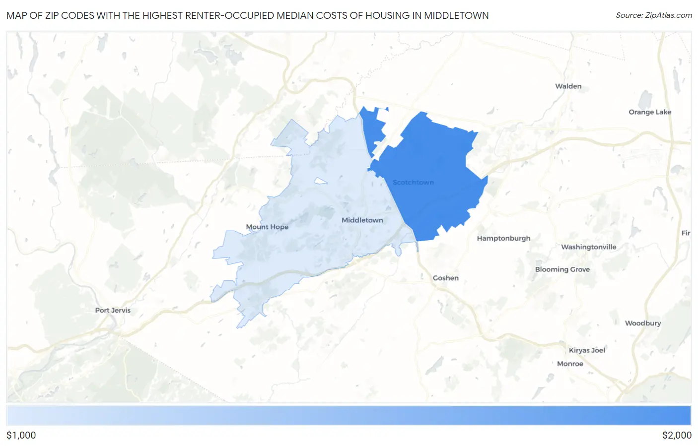 Zip Codes with the Highest Renter-Occupied Median Costs of Housing in Middletown Map