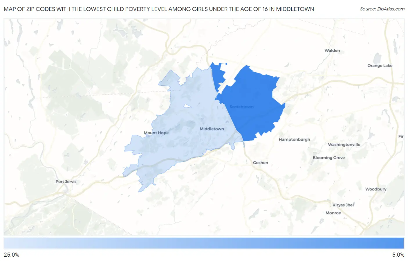 Zip Codes with the Lowest Child Poverty Level Among Girls Under the Age of 16 in Middletown Map