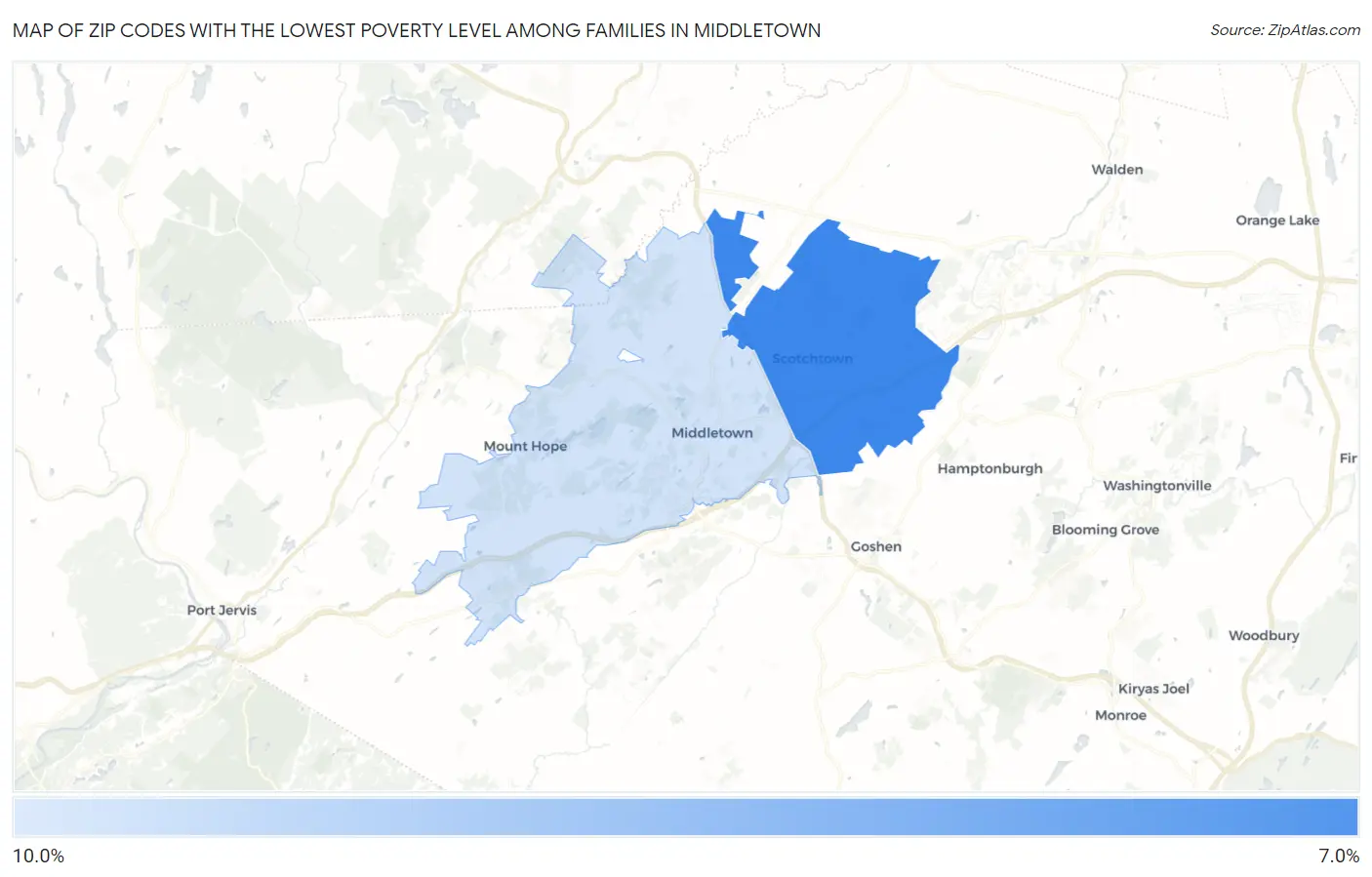 Zip Codes with the Lowest Poverty Level Among Families in Middletown Map