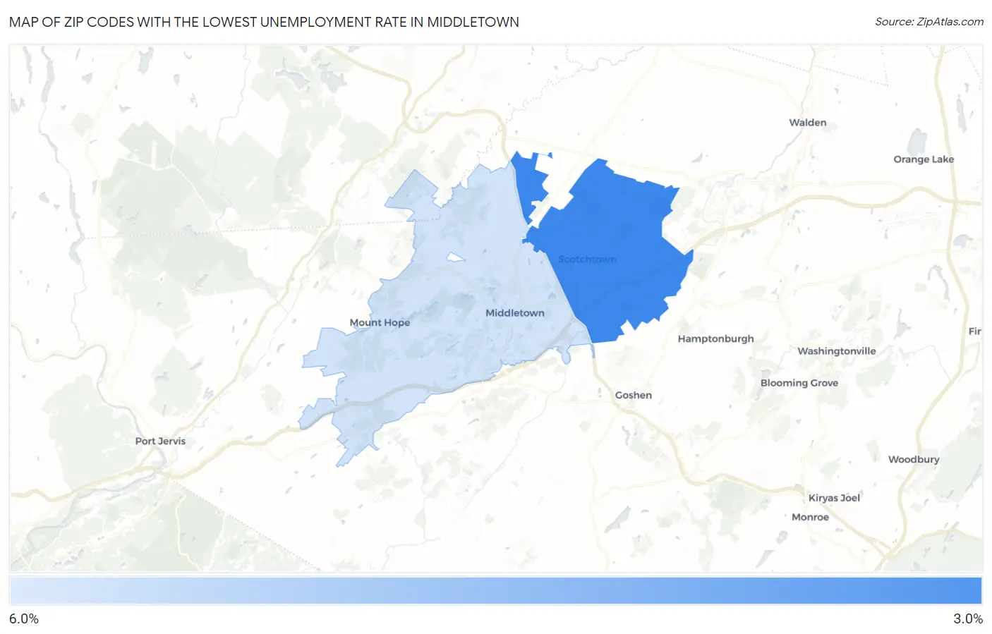 Zip Codes with the Lowest Unemployment Rate in Middletown Map