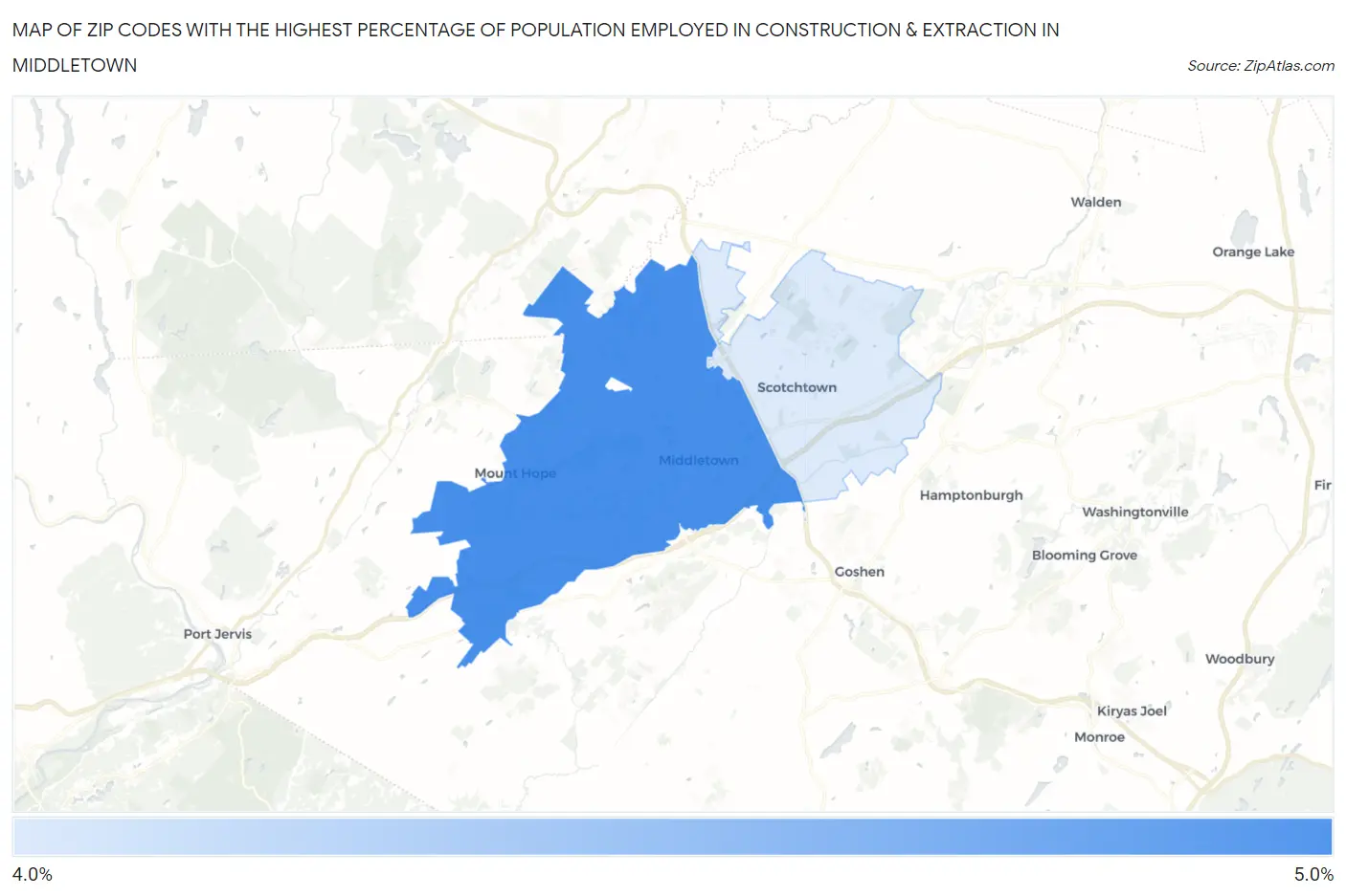 Zip Codes with the Highest Percentage of Population Employed in Construction & Extraction in Middletown Map