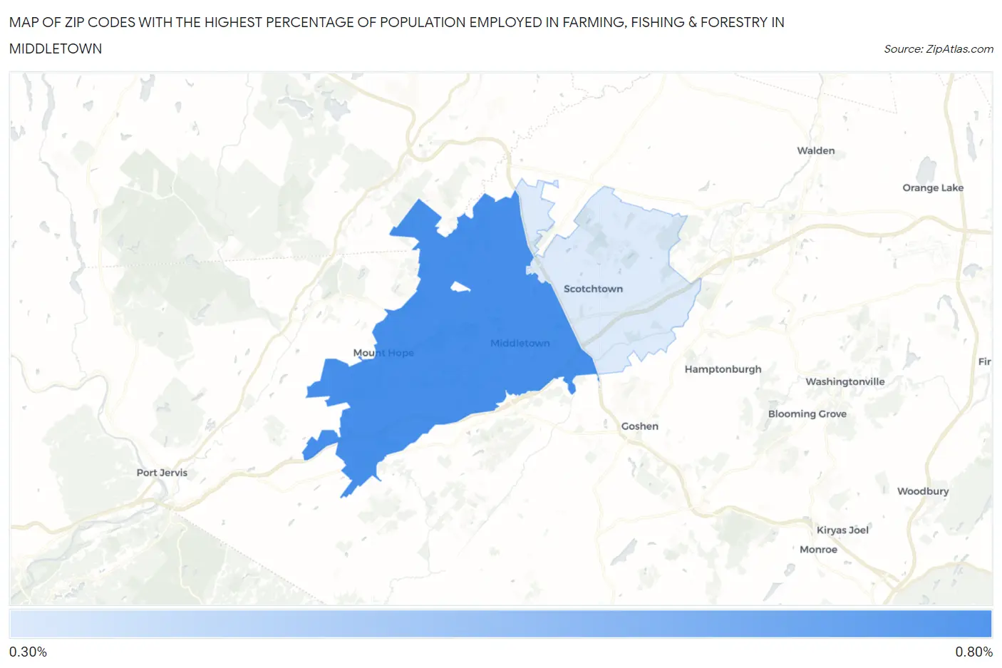 Zip Codes with the Highest Percentage of Population Employed in Farming, Fishing & Forestry in Middletown Map