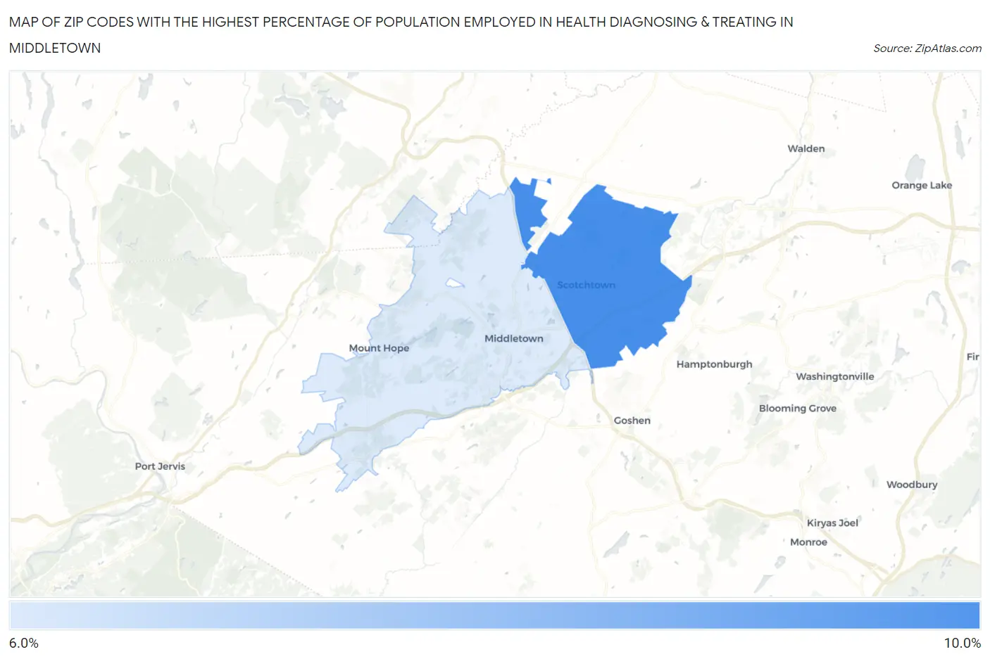 Zip Codes with the Highest Percentage of Population Employed in Health Diagnosing & Treating in Middletown Map