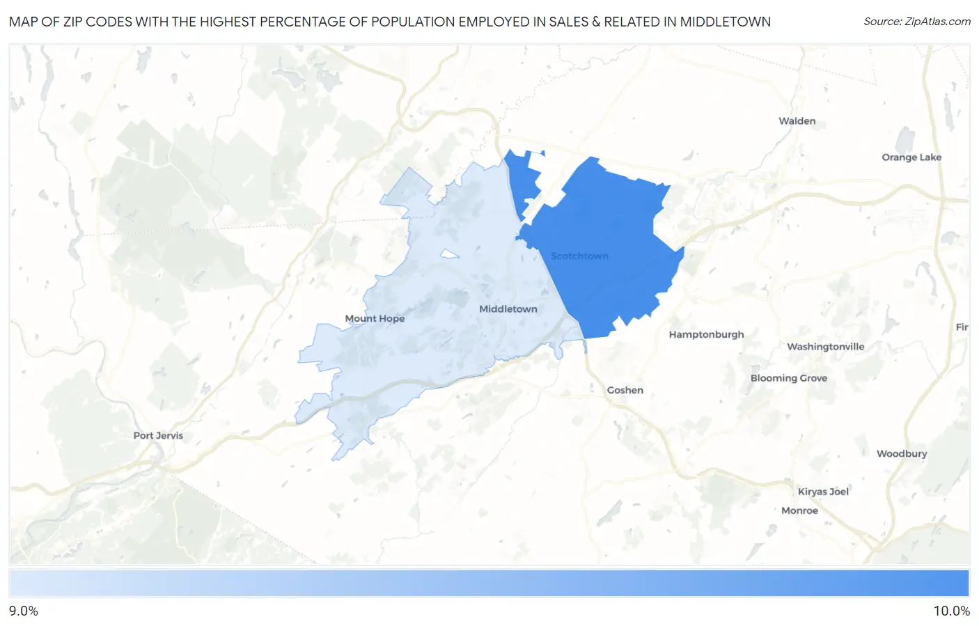 Zip Codes with the Highest Percentage of Population Employed in Sales & Related in Middletown Map