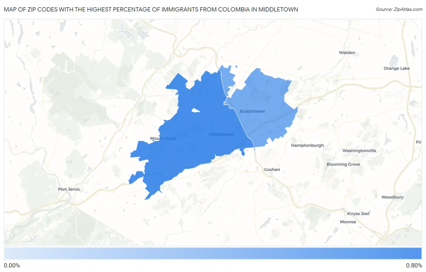 Zip Codes with the Highest Percentage of Immigrants from Colombia in Middletown Map