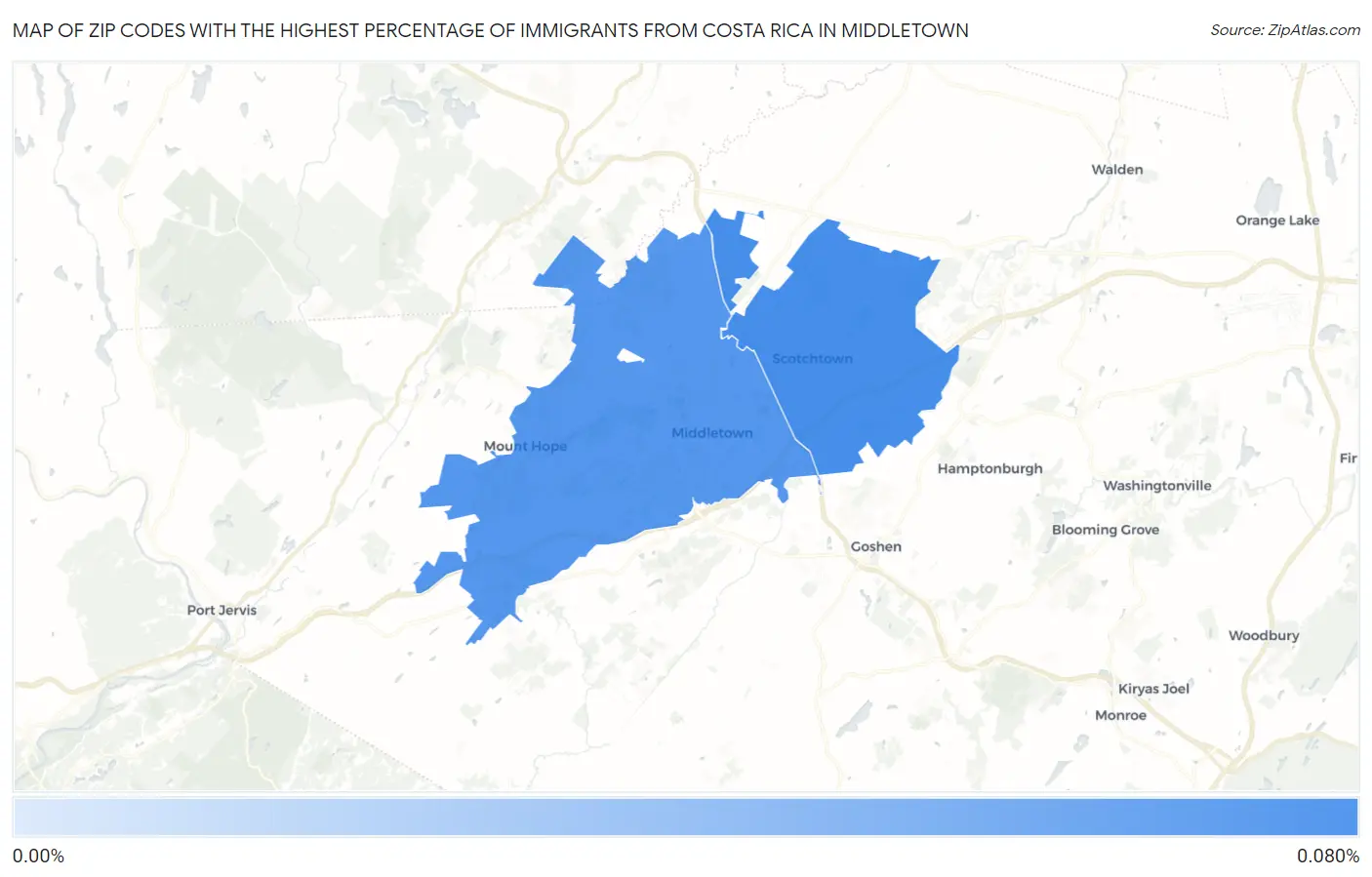 Zip Codes with the Highest Percentage of Immigrants from Costa Rica in Middletown Map
