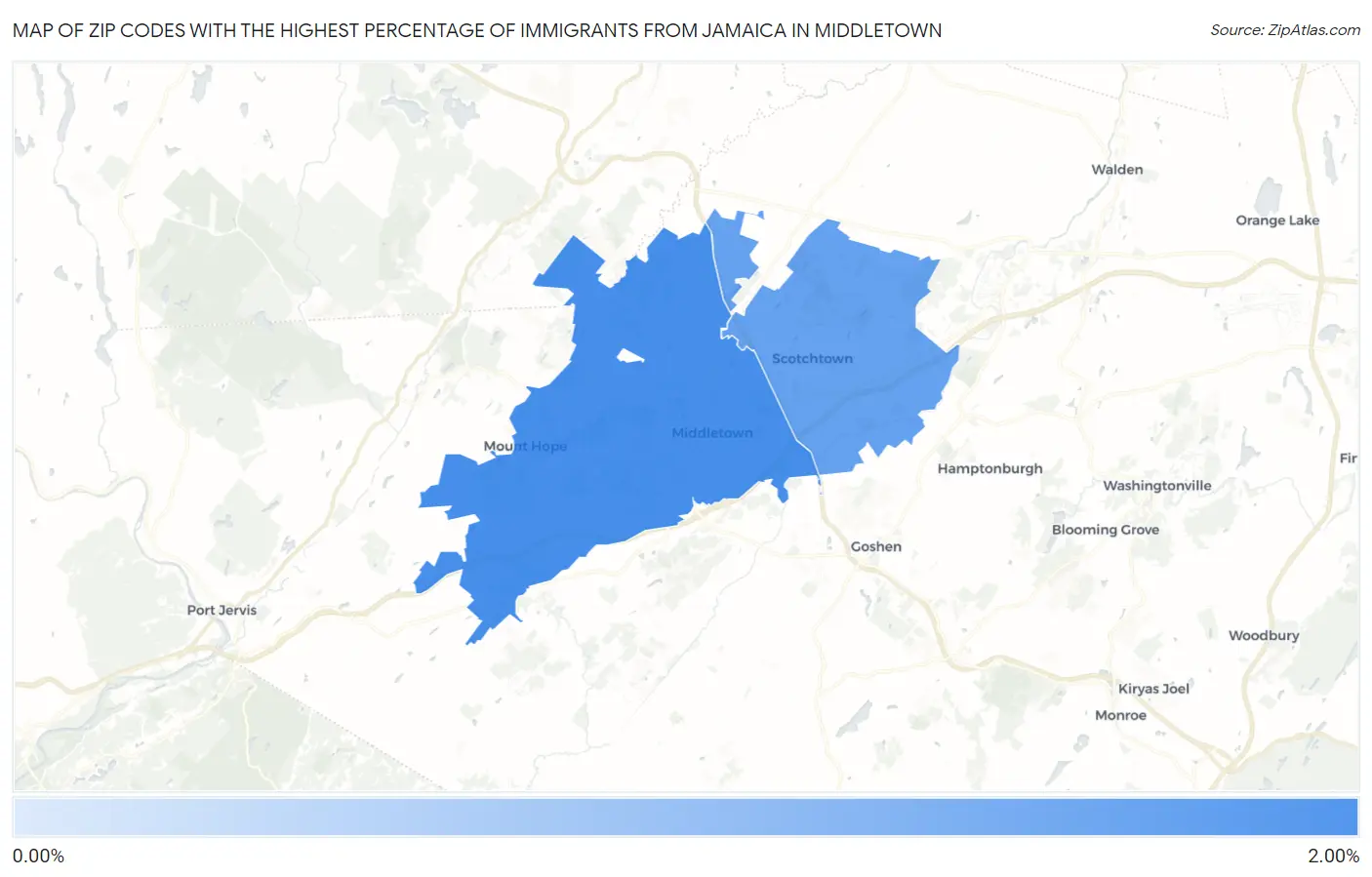 Zip Codes with the Highest Percentage of Immigrants from Jamaica in Middletown Map