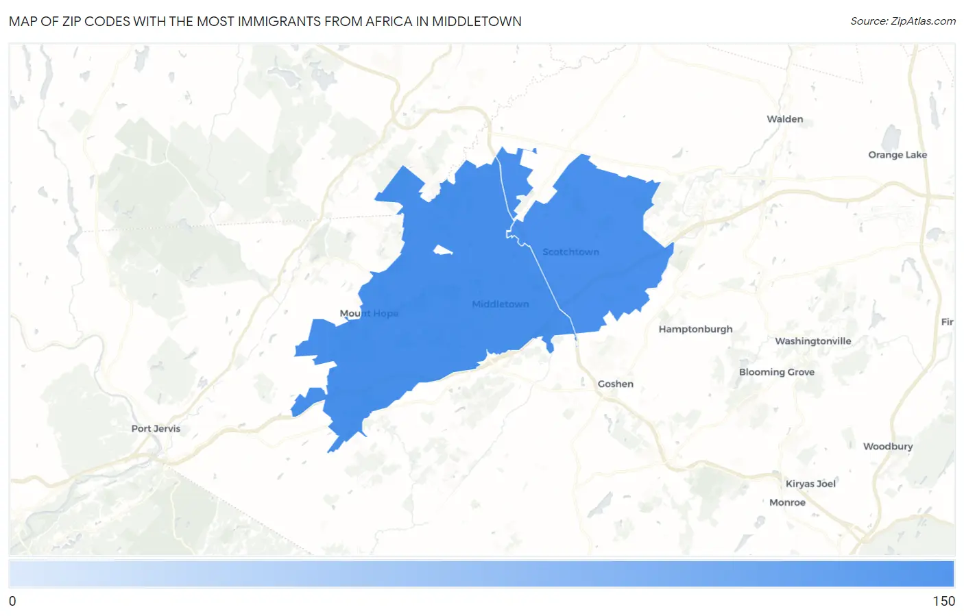 Zip Codes with the Most Immigrants from Africa in Middletown Map