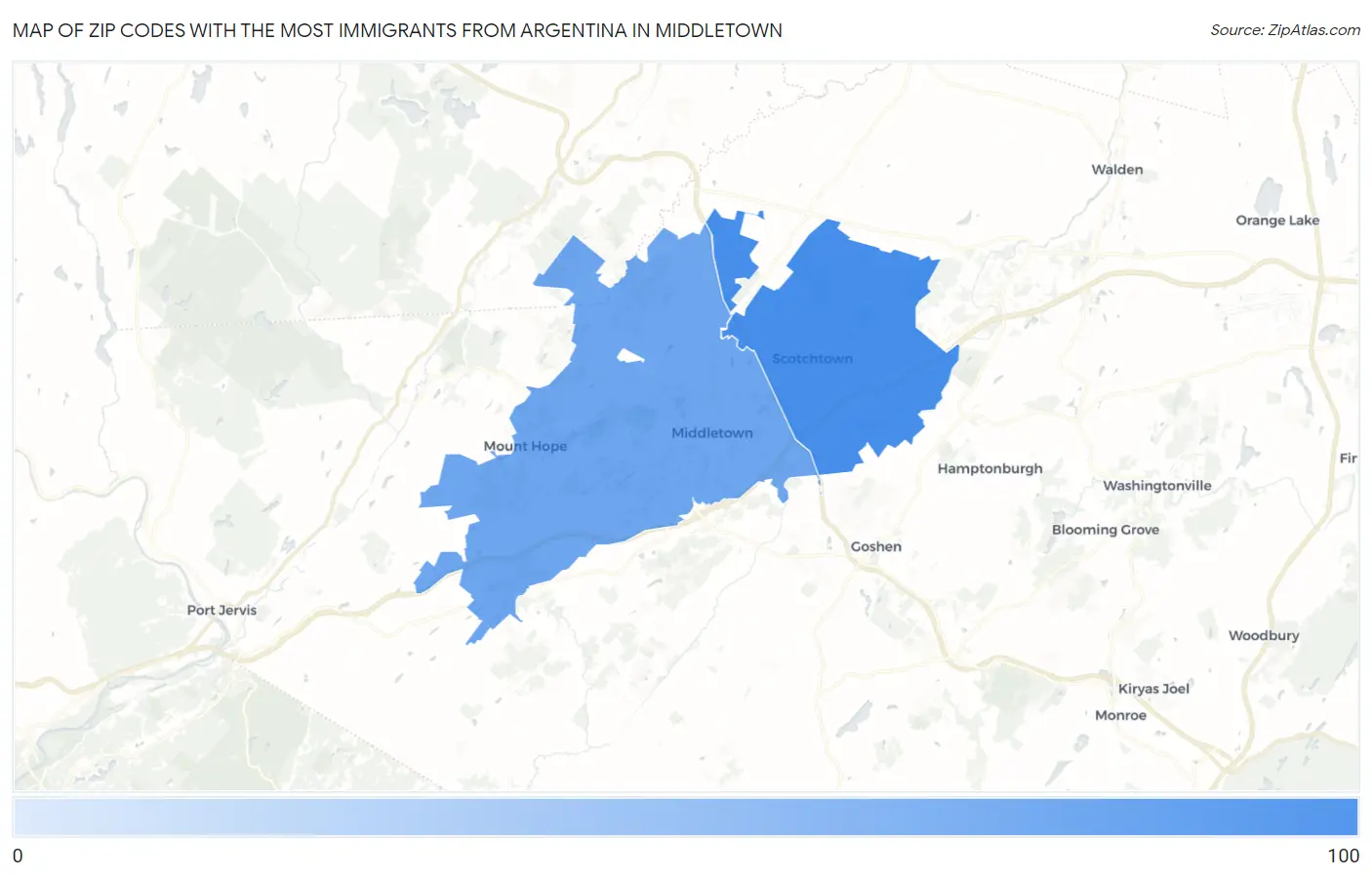 Zip Codes with the Most Immigrants from Argentina in Middletown Map