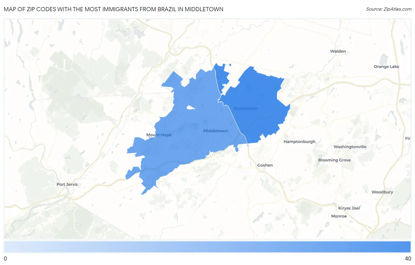 Zip Codes with the Most Immigrants from Brazil in Middletown Map