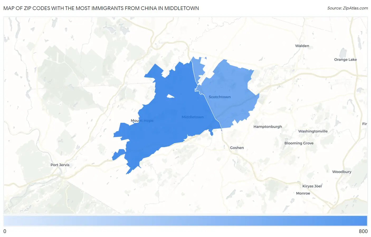 Zip Codes with the Most Immigrants from China in Middletown Map