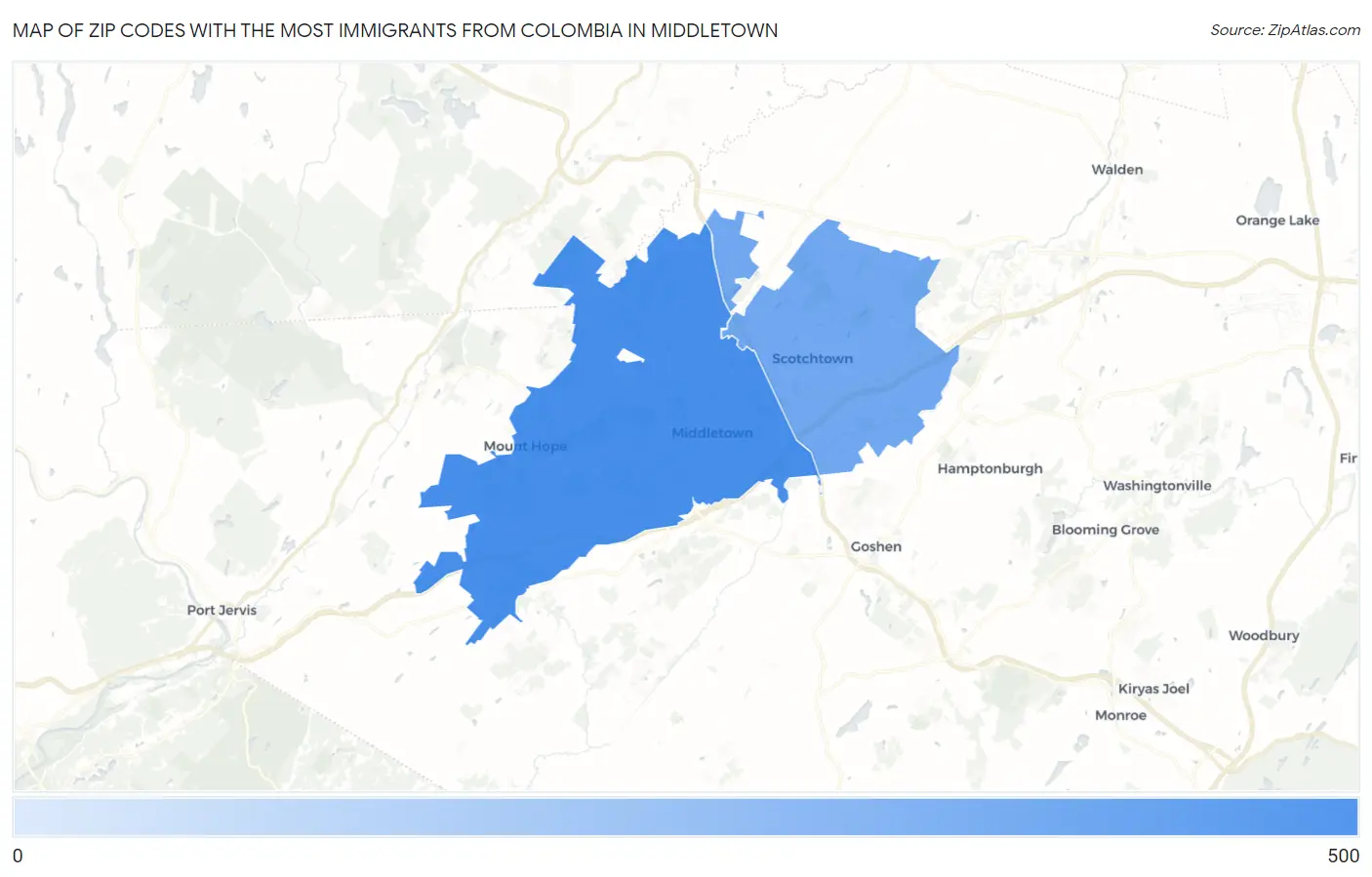 Zip Codes with the Most Immigrants from Colombia in Middletown Map