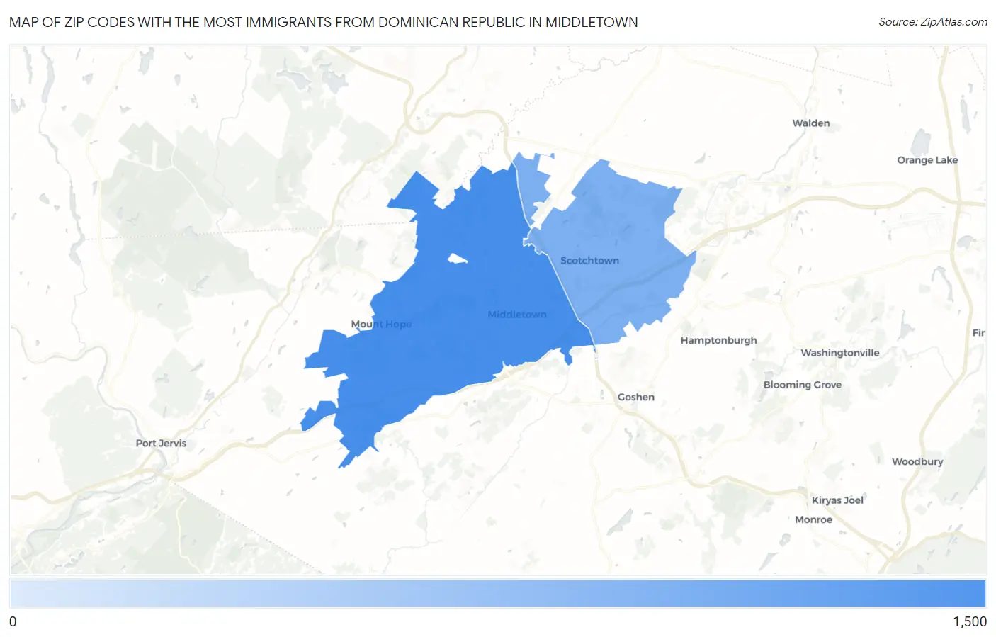 Zip Codes with the Most Immigrants from Dominican Republic in Middletown Map