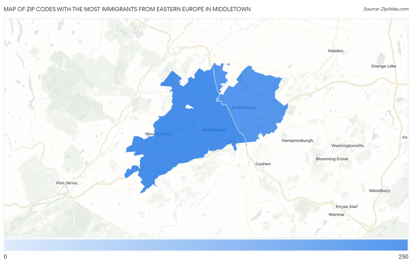 Zip Codes with the Most Immigrants from Eastern Europe in Middletown Map