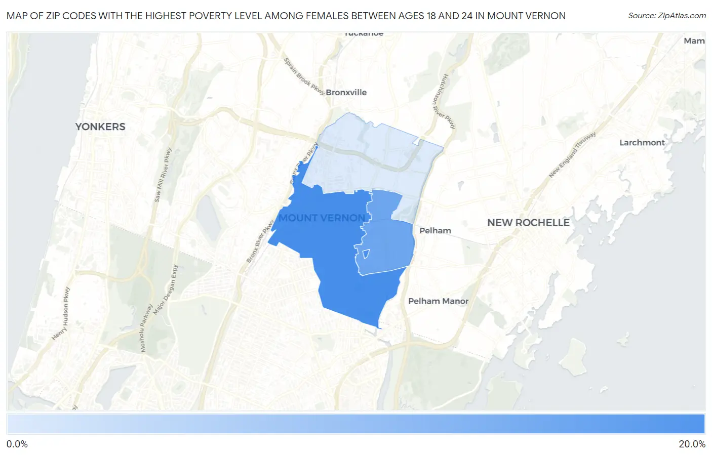 Zip Codes with the Highest Poverty Level Among Females Between Ages 18 and 24 in Mount Vernon Map