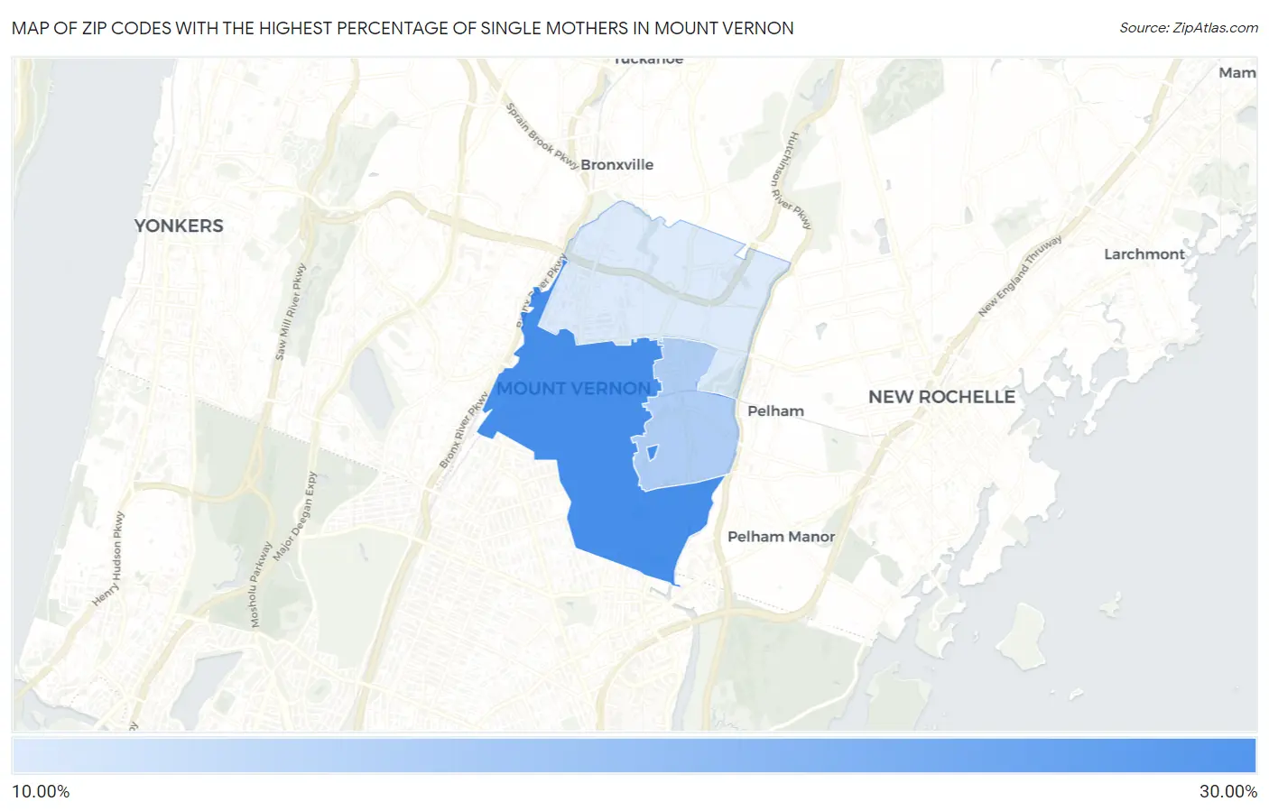 Zip Codes with the Highest Percentage of Single Mothers in Mount Vernon Map