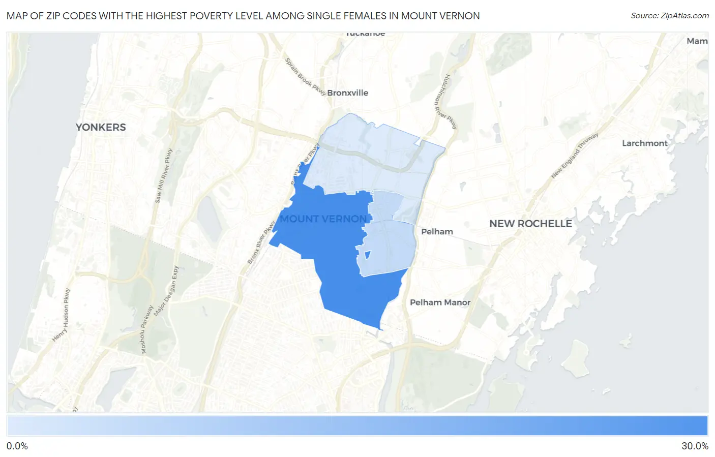 Zip Codes with the Highest Poverty Level Among Single Females in Mount Vernon Map