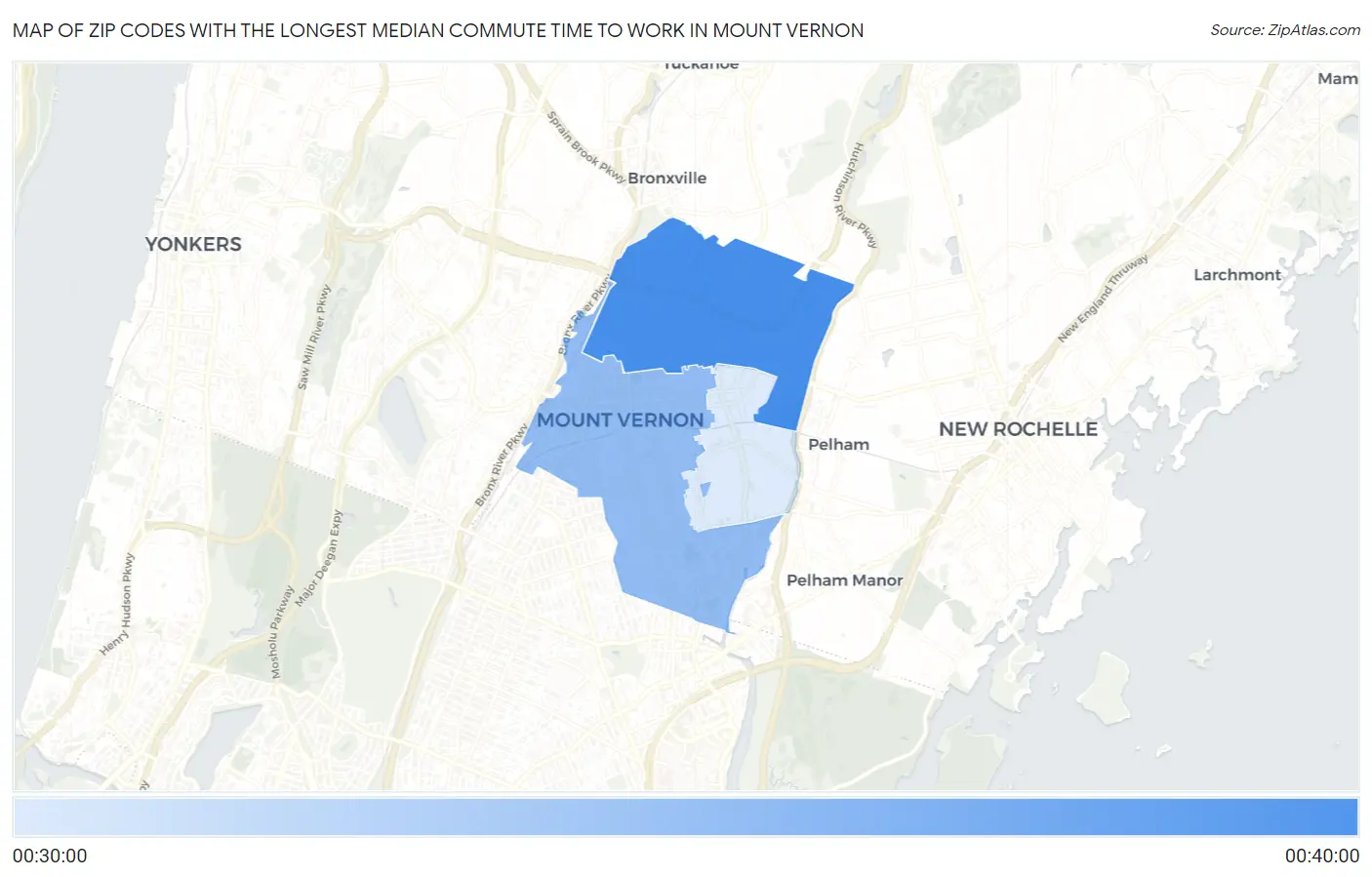 Zip Codes with the Longest Median Commute Time to Work in Mount Vernon Map