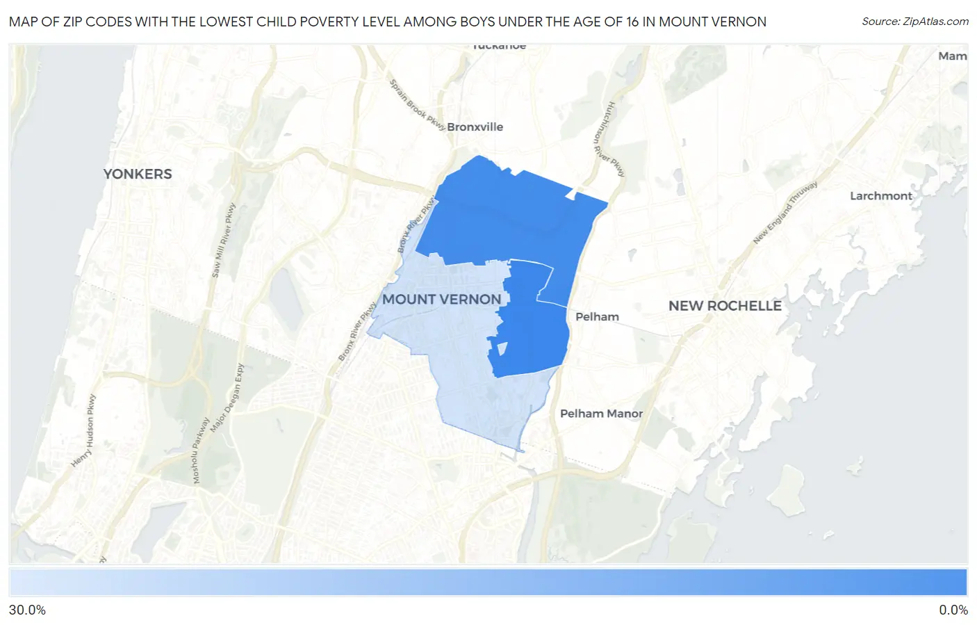 Zip Codes with the Lowest Child Poverty Level Among Boys Under the Age of 16 in Mount Vernon Map