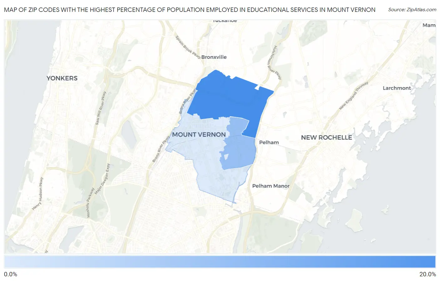 Zip Codes with the Highest Percentage of Population Employed in Educational Services in Mount Vernon Map