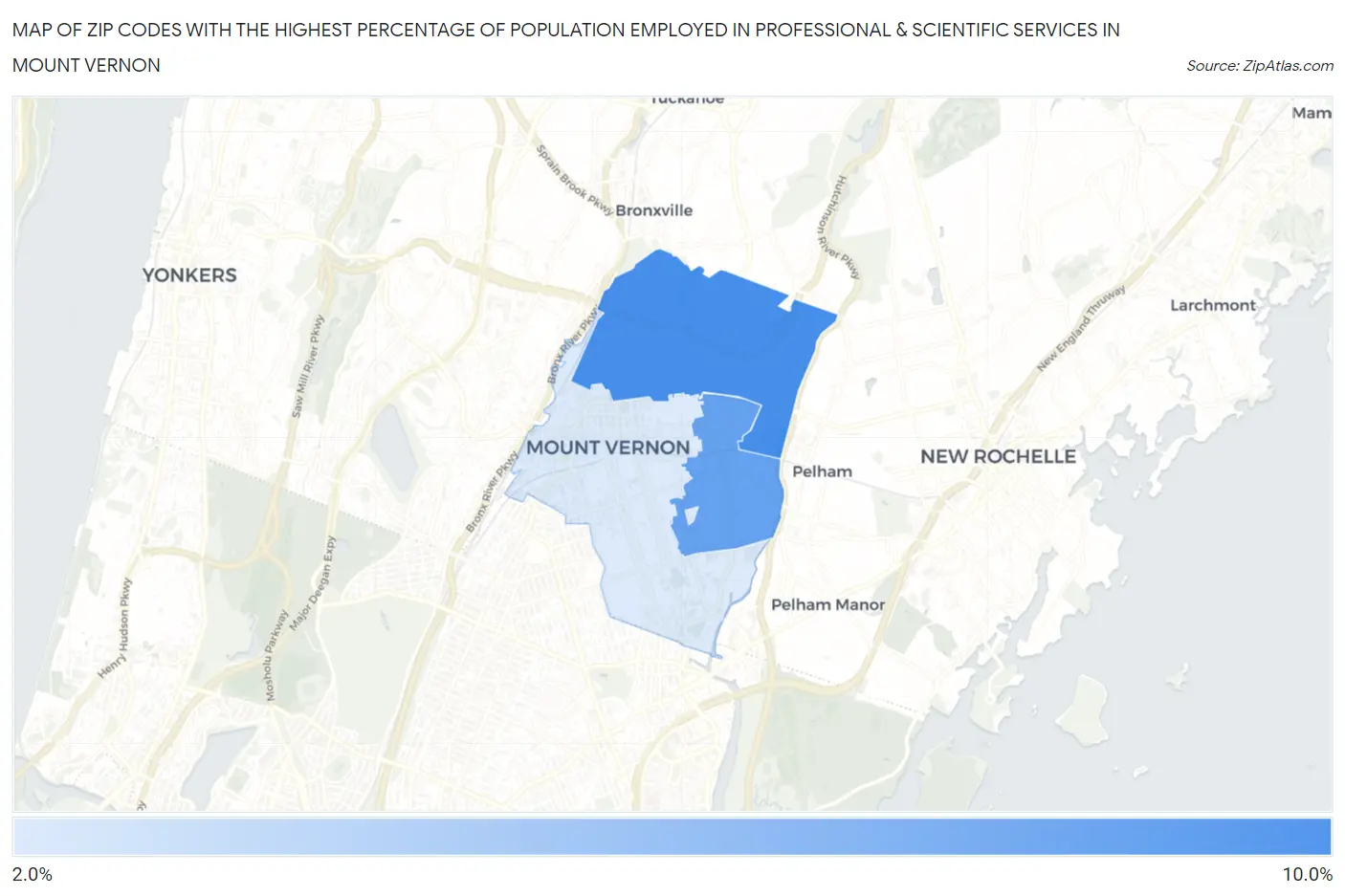 Zip Codes with the Highest Percentage of Population Employed in Professional & Scientific Services in Mount Vernon Map