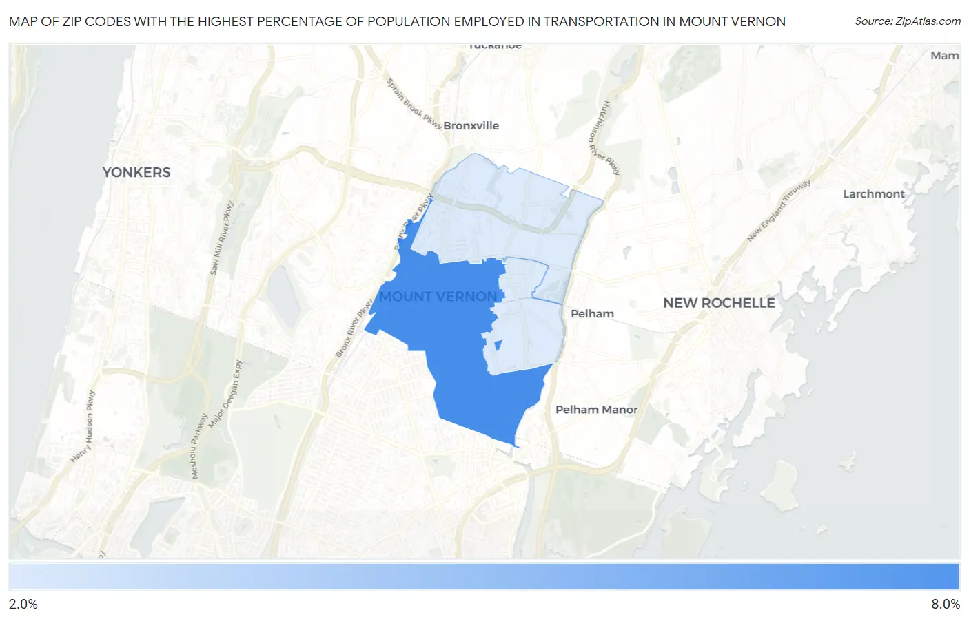 Zip Codes with the Highest Percentage of Population Employed in Transportation in Mount Vernon Map