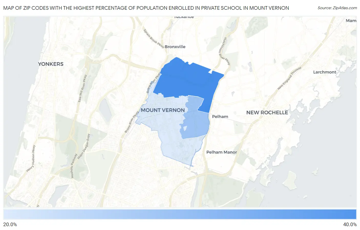 Zip Codes with the Highest Percentage of Population Enrolled in Private School in Mount Vernon Map