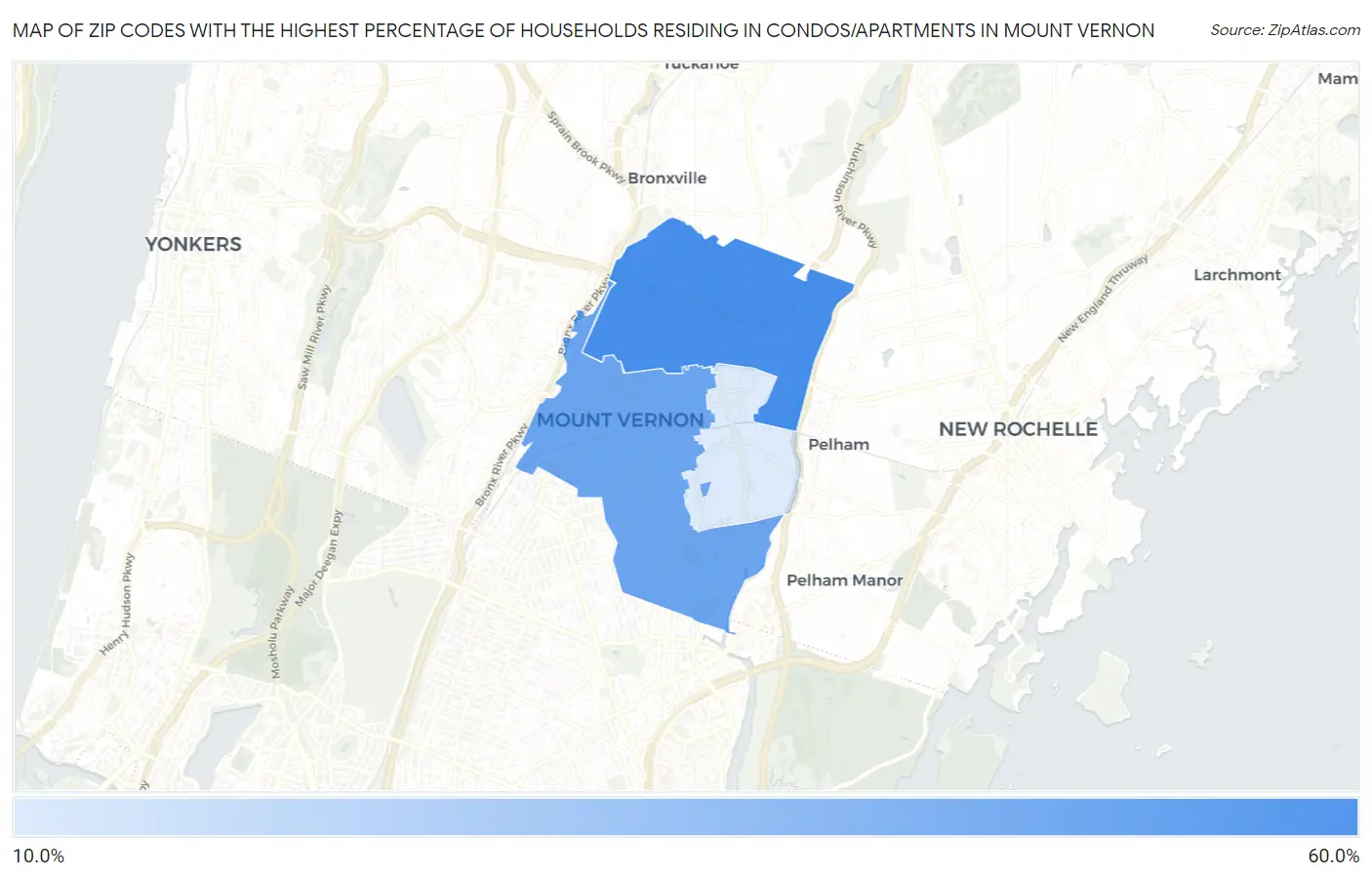 Zip Codes with the Highest Percentage of Households Residing in Condos/Apartments in Mount Vernon Map