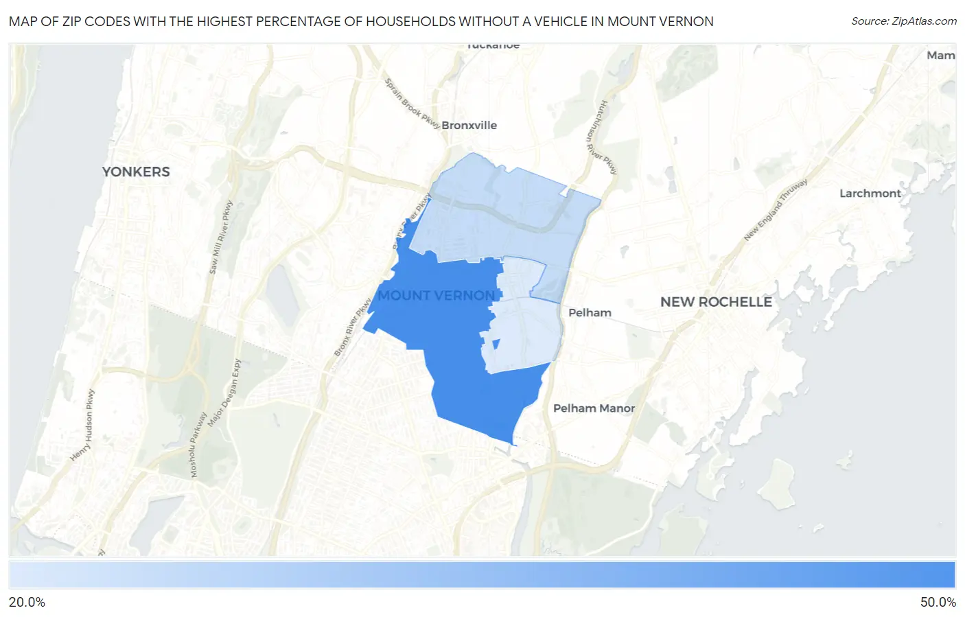 Zip Codes with the Highest Percentage of Households Without a Vehicle in Mount Vernon Map