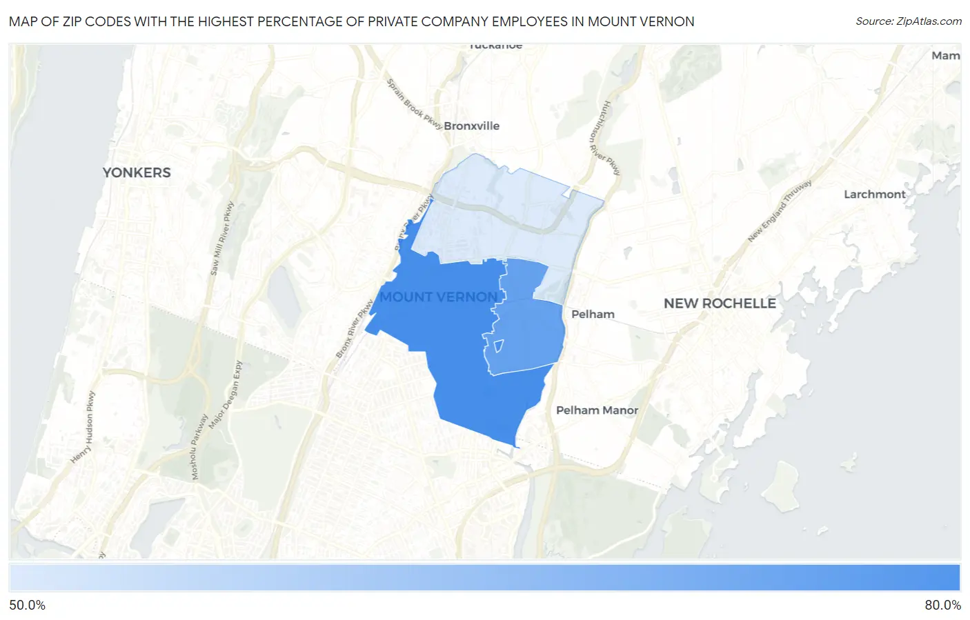 Zip Codes with the Highest Percentage of Private Company Employees in Mount Vernon Map