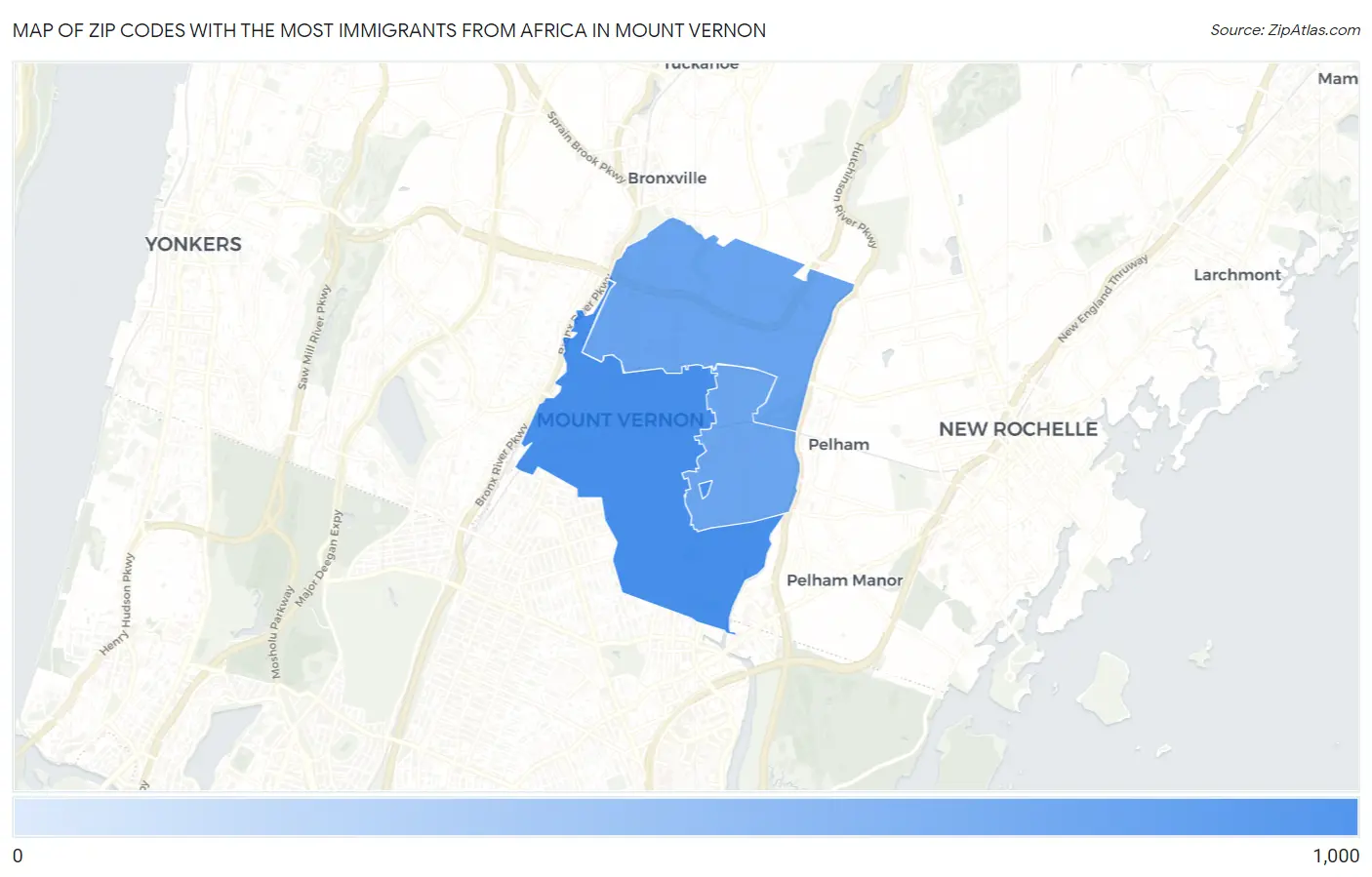 Zip Codes with the Most Immigrants from Africa in Mount Vernon Map