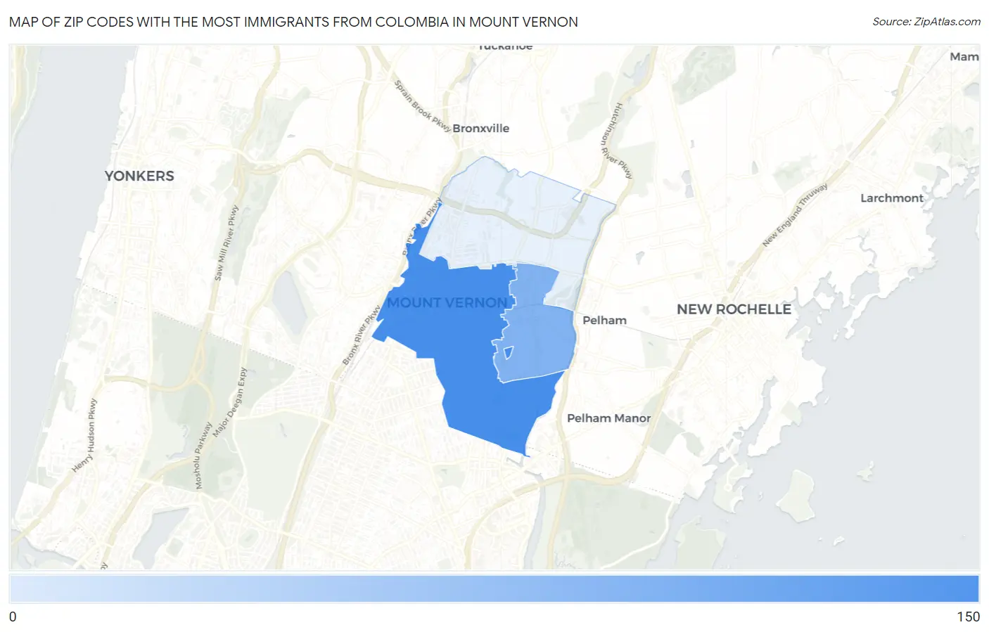 Zip Codes with the Most Immigrants from Colombia in Mount Vernon Map