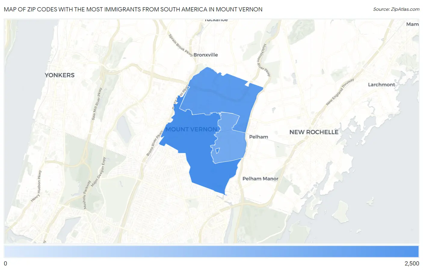 Zip Codes with the Most Immigrants from South America in Mount Vernon Map