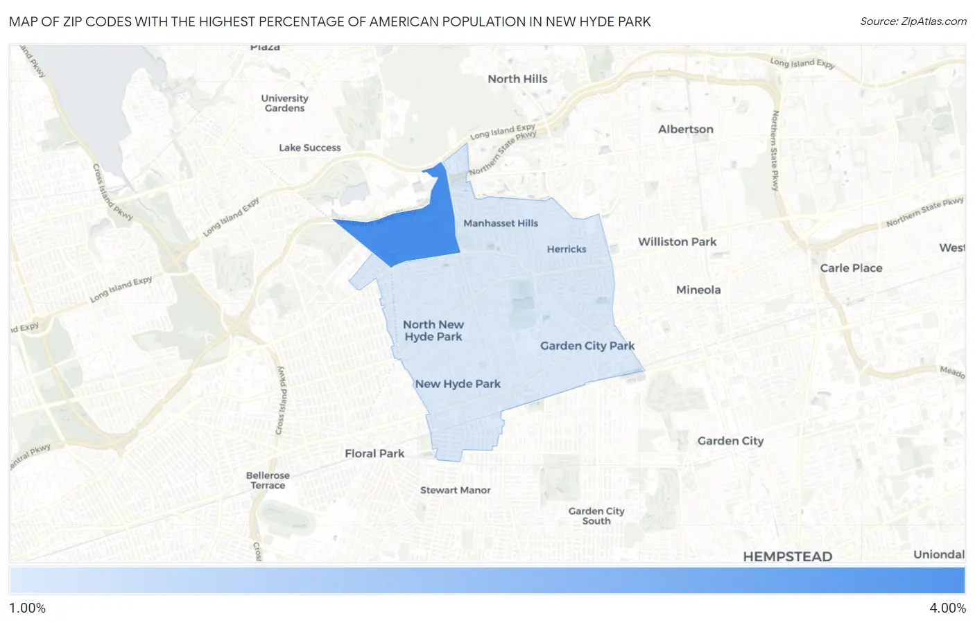 Zip Codes with the Highest Percentage of American Population in New Hyde Park Map