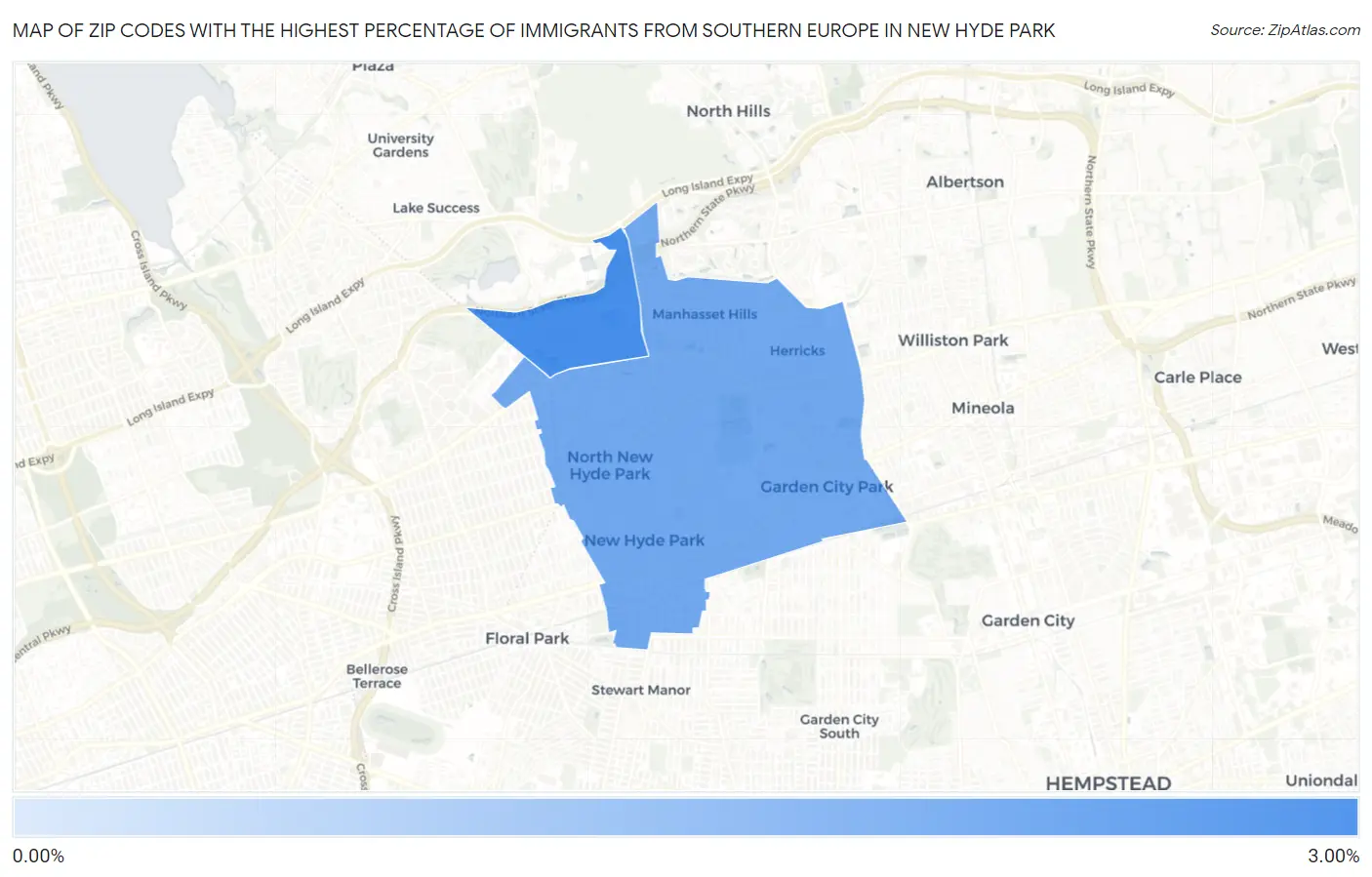 Zip Codes with the Highest Percentage of Immigrants from Southern Europe in New Hyde Park Map