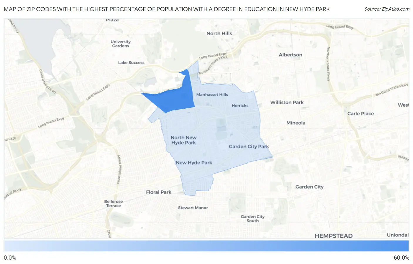 Zip Codes with the Highest Percentage of Population with a Degree in Education in New Hyde Park Map