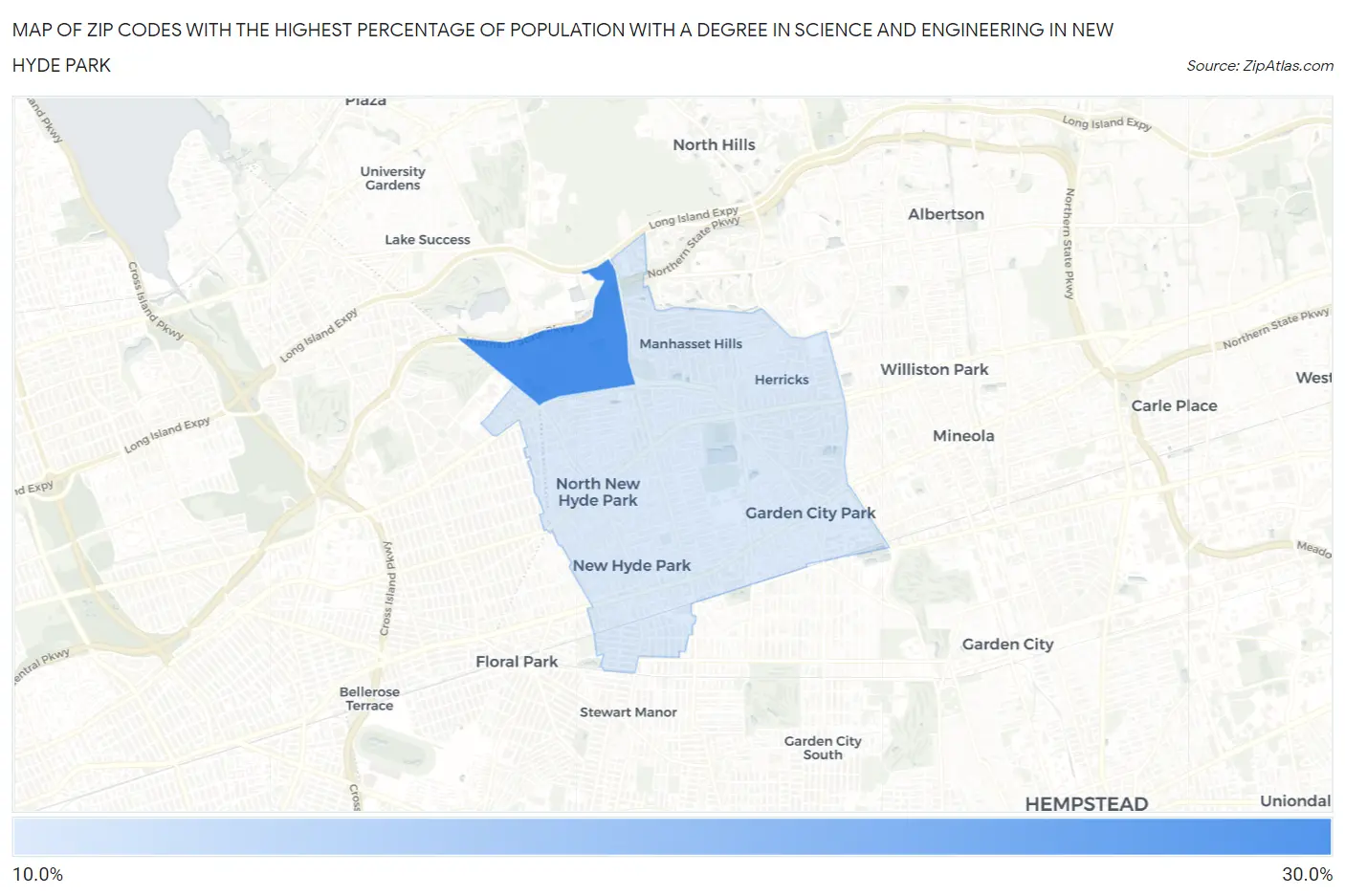 Zip Codes with the Highest Percentage of Population with a Degree in Science and Engineering in New Hyde Park Map
