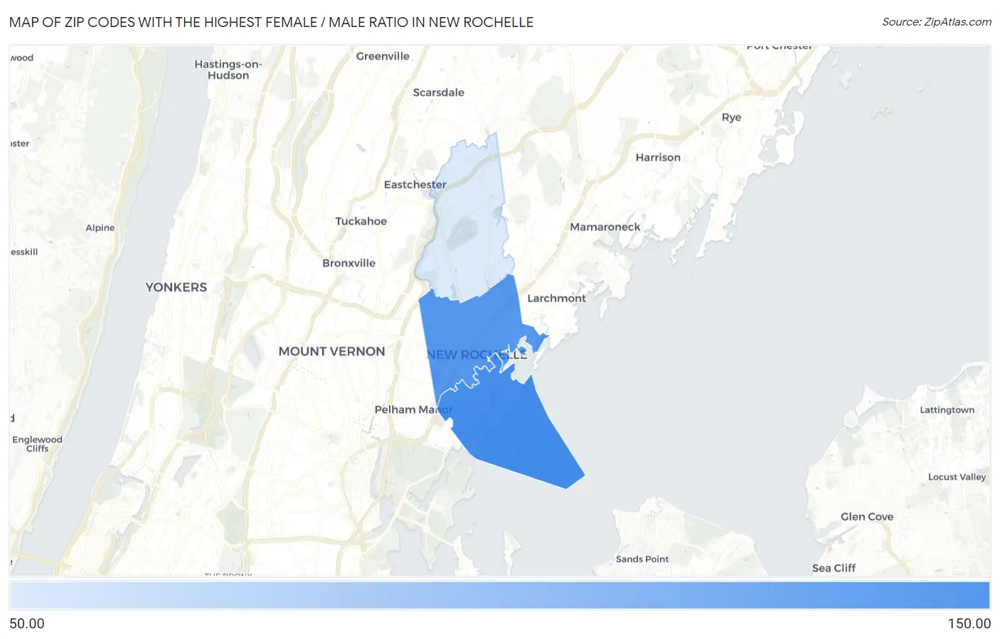 Zip Codes with the Highest Female / Male Ratio in New Rochelle Map