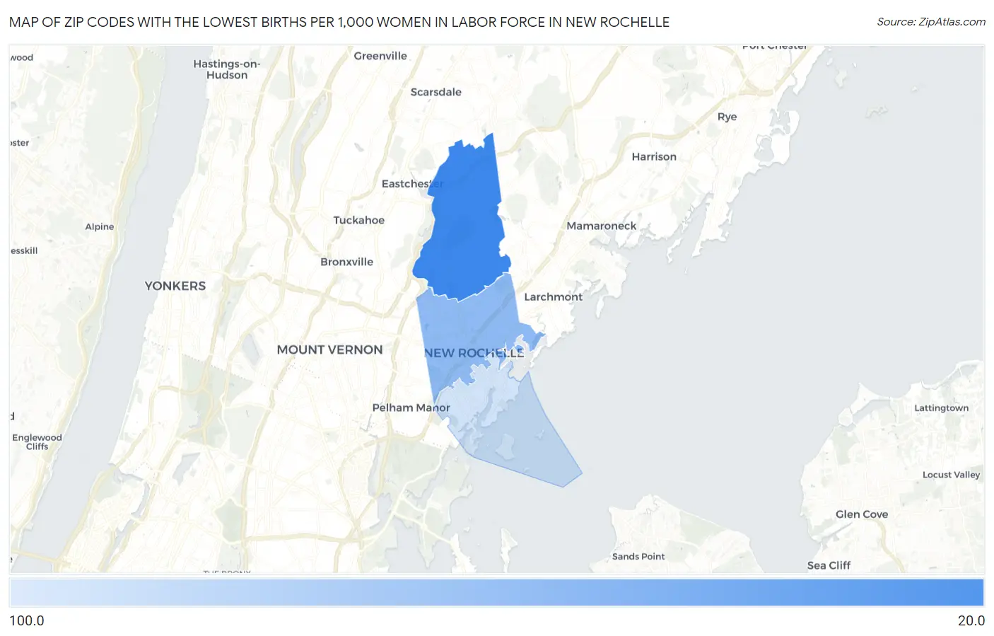 Zip Codes with the Lowest Births per 1,000 Women in Labor Force in New Rochelle Map